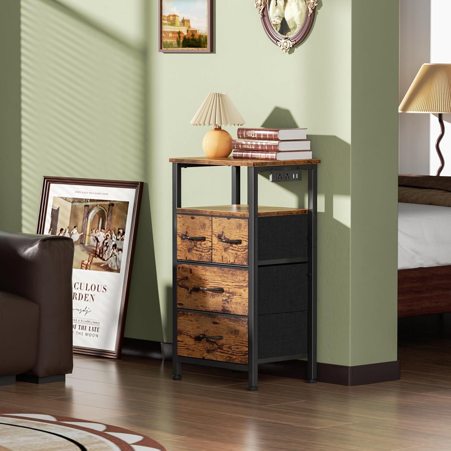 imageFurnulem Dresser for Bedroom Tall Nightstand Vertical Chest with Wood Top Charging Station LED Lights 5 Fabric Bins Bedside Table with Shelf Furniture for Entryway 5 Drawer Rustic BrownRustic Brown