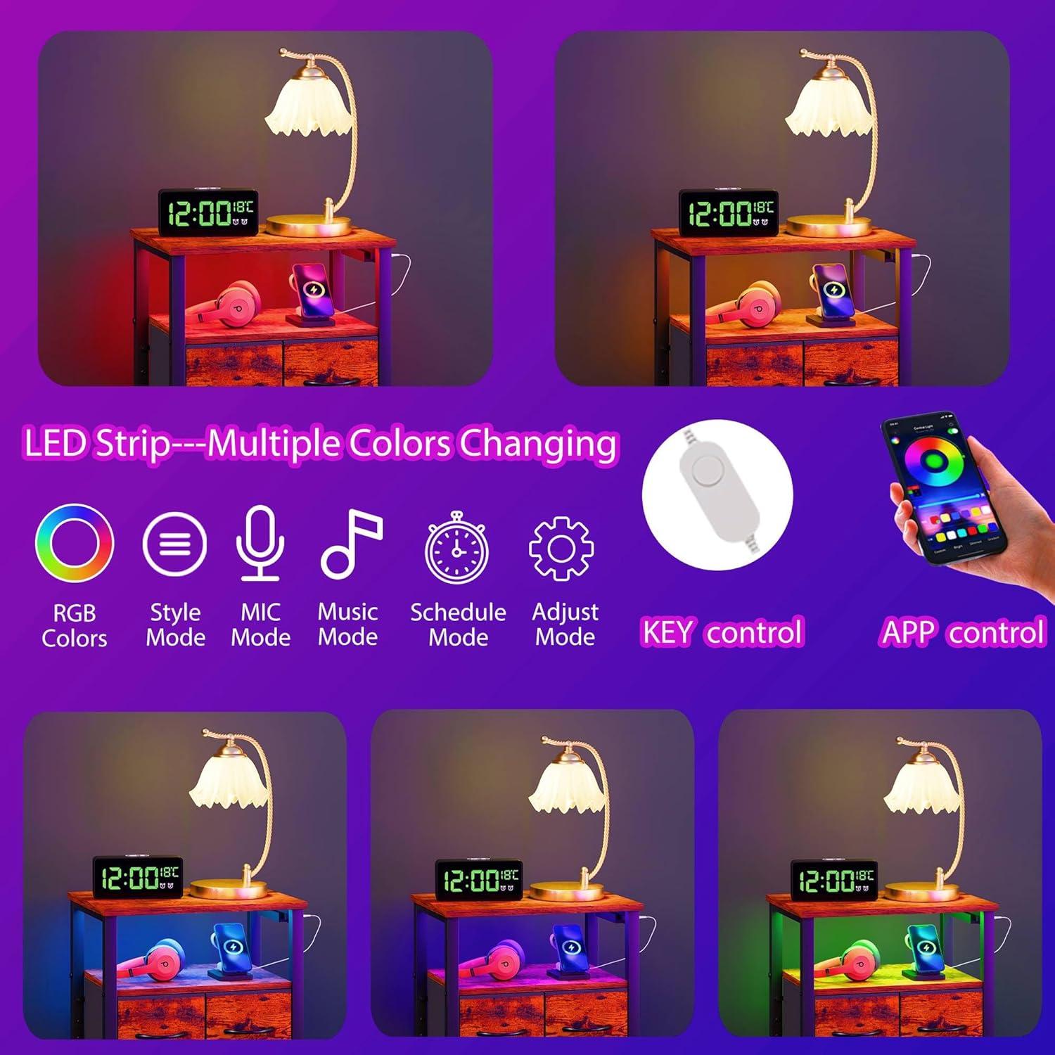 imageFurnulem Dresser for Bedroom Tall Nightstand Vertical Chest with Wood Top Charging Station LED Lights 5 Fabric Bins Bedside Table with Shelf Furniture for Entryway 5 Drawer Rustic BrownRustic Brown