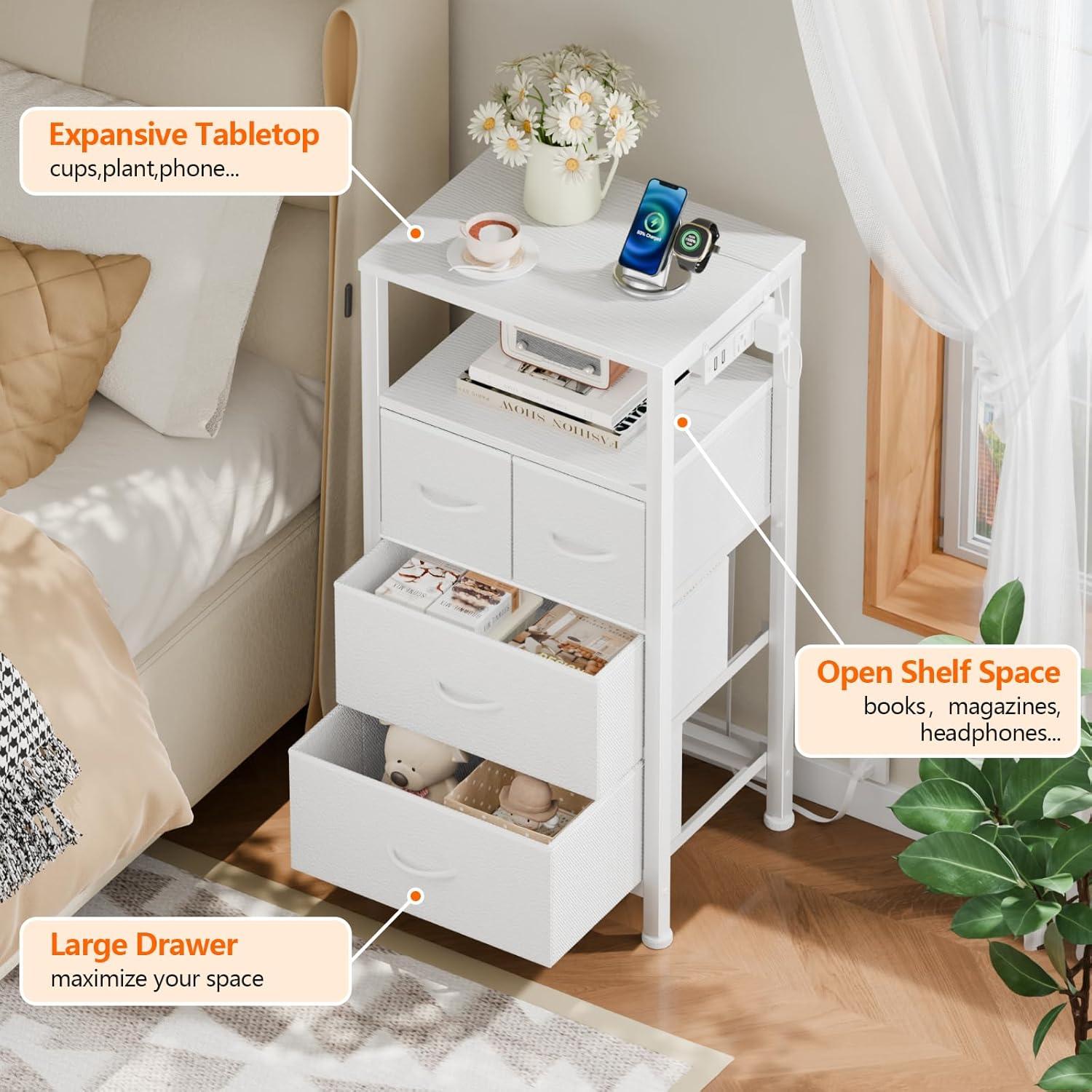 imageFurnulem Dresser for Bedroom Tall Nightstand Vertical Chest with Wood Top Charging Station LED Lights 5 Fabric Bins Bedside Table with Shelf Furniture for Entryway 5 Drawer Rustic BrownWhite