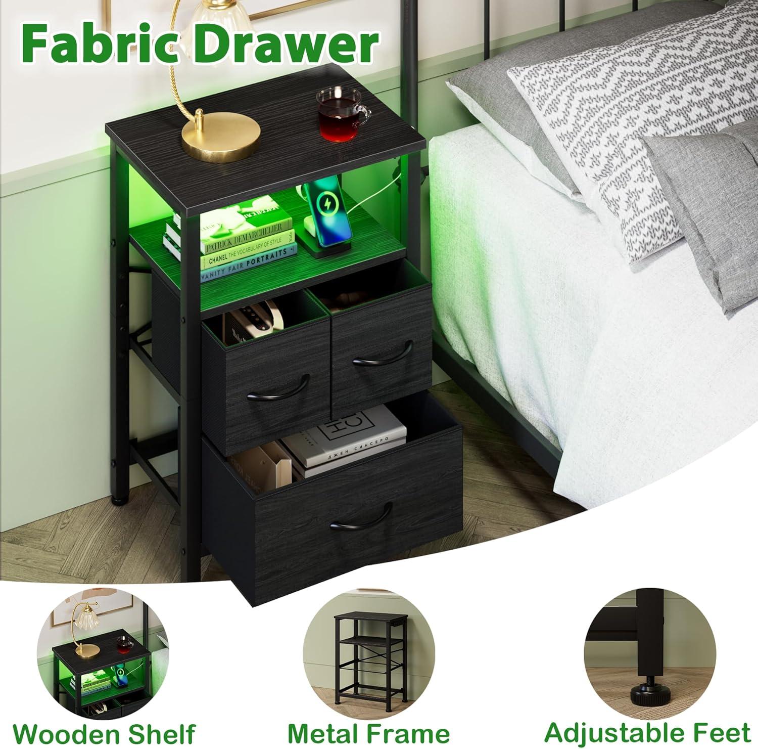 imageFurnulem Dresser for Bedroom Tall Nightstand Vertical Chest with Wood Top Charging Station LED Lights 5 Fabric Bins Bedside Table with Shelf Furniture for Entryway 5 Drawer Rustic BrownBlack Oak