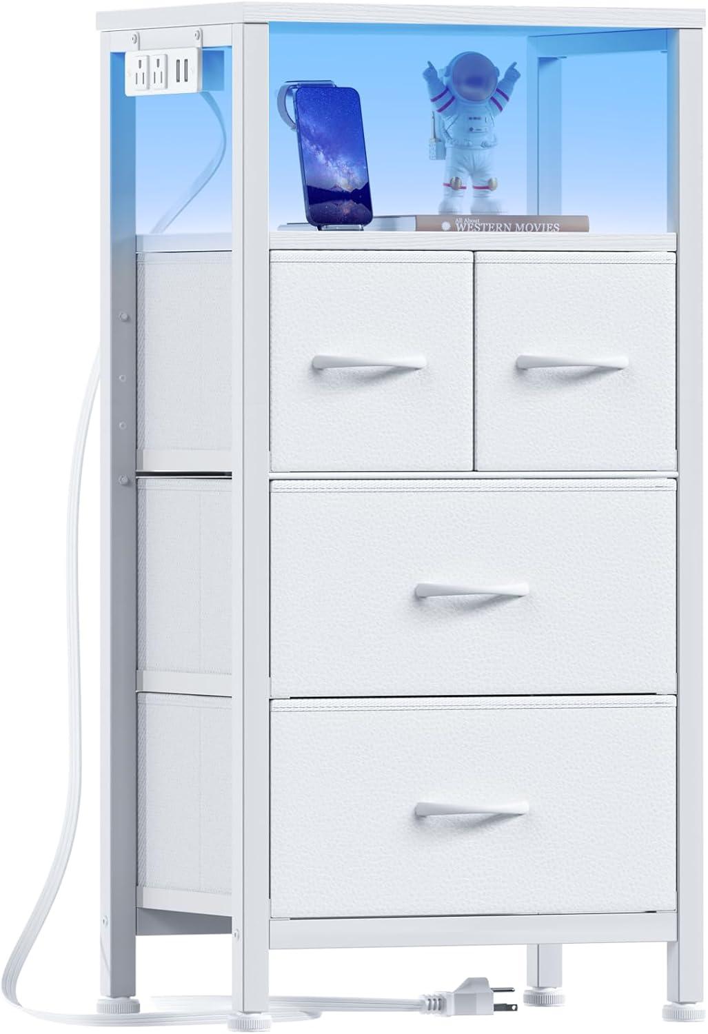 imageFurnulem Dresser for Bedroom Tall Nightstand Vertical Chest with Wood Top Charging Station LED Lights 5 Fabric Bins Bedside Table with Shelf Furniture for Entryway 5 Drawer Rustic BrownWhite