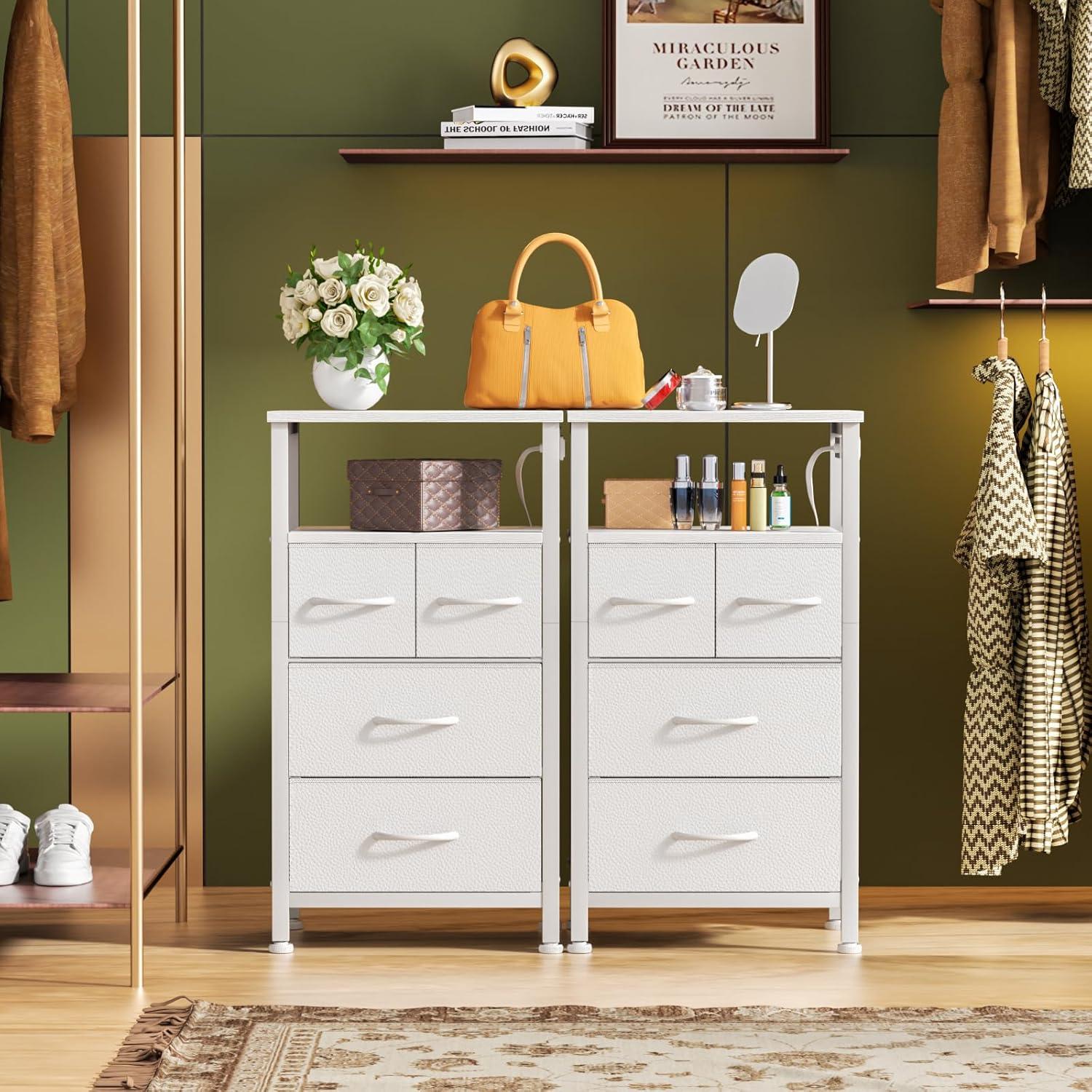 imageFurnulem Dresser for Bedroom Tall Nightstand Vertical Chest with Wood Top Charging Station LED Lights 5 Fabric Bins Bedside Table with Shelf Furniture for Entryway 5 Drawer Rustic BrownWhite