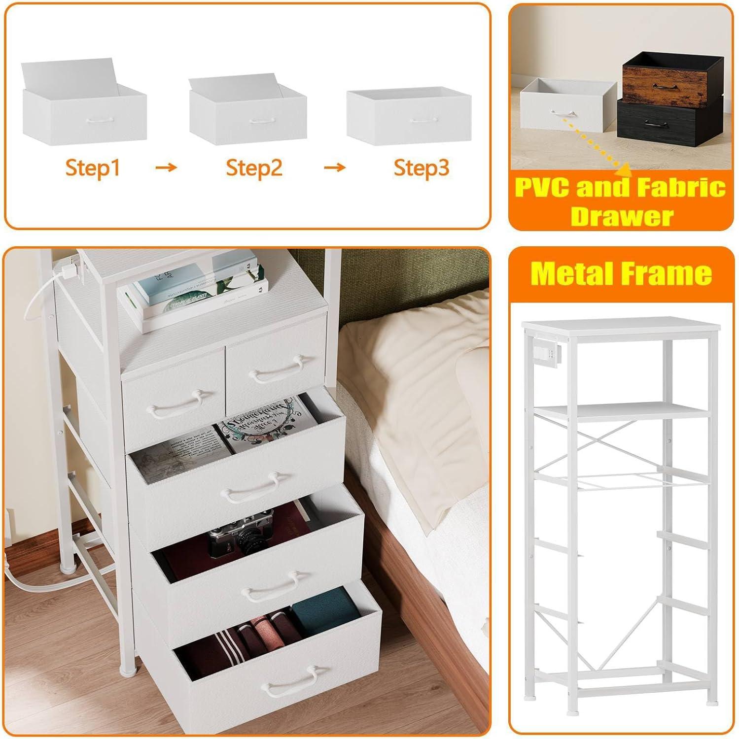imageFurnulem Dresser for Bedroom Tall Nightstand Vertical Chest with Wood Top Charging Station LED Lights 5 Fabric Bins Bedside Table with Shelf Furniture for Entryway 5 Drawer Rustic BrownWhite