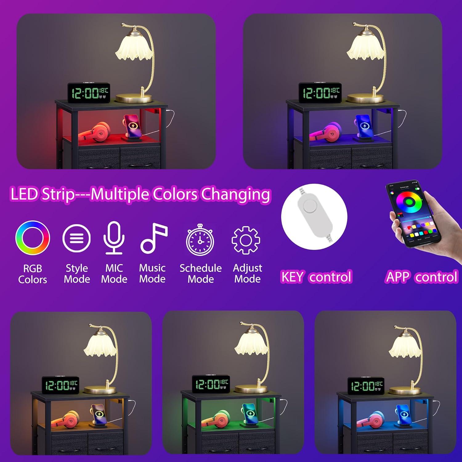 imageFurnulem Dresser for Bedroom Tall Nightstand Vertical Chest with Wood Top Charging Station LED Lights 5 Fabric Bins Bedside Table with Shelf Furniture for Entryway 5 Drawer Rustic BrownBlack Oak