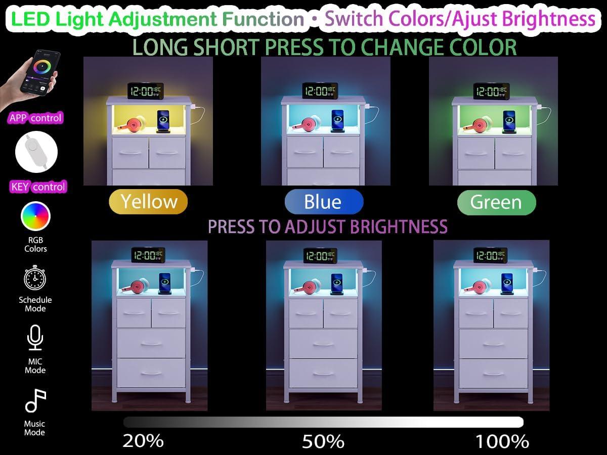 imageFurnulem Dresser for Bedroom Tall Nightstand Vertical Chest with Wood Top Charging Station LED Lights 5 Fabric Bins Bedside Table with Shelf Furniture for Entryway 5 Drawer Rustic BrownWhite
