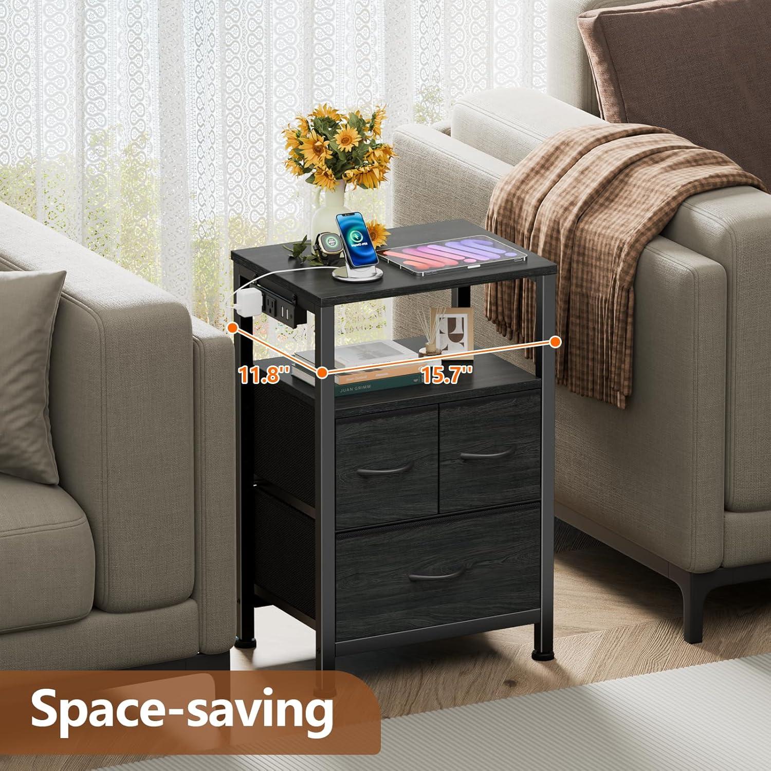 imageFurnulem Dresser for Bedroom Tall Nightstand Vertical Chest with Wood Top Charging Station LED Lights 5 Fabric Bins Bedside Table with Shelf Furniture for Entryway 5 Drawer Rustic BrownBlack Oak