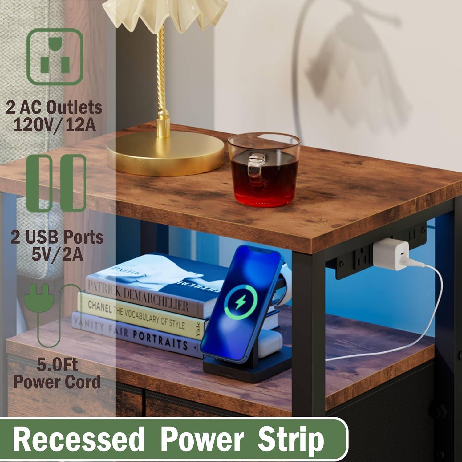 imageFurnulem Dresser for Bedroom Tall Nightstand Vertical Chest with Wood Top Charging Station LED Lights 5 Fabric Bins Bedside Table with Shelf Furniture for Entryway 5 Drawer Rustic BrownRustic Brown