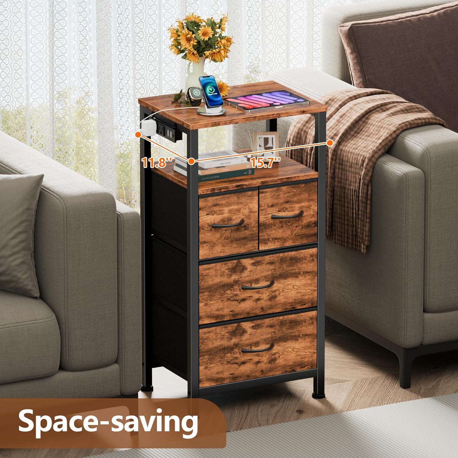 imageFurnulem Dresser for Bedroom Tall Nightstand Vertical Chest with Wood Top Charging Station LED Lights 5 Fabric Bins Bedside Table with Shelf Furniture for Entryway 5 Drawer Rustic BrownRustic Brown