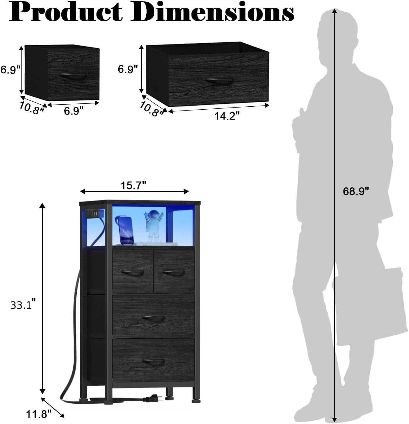 imageFurnulem Dresser for Bedroom Tall Nightstand Vertical Chest with Wood Top Charging Station LED Lights 5 Fabric Bins Bedside Table with Shelf Furniture for Entryway 5 Drawer Rustic BrownBlack Oak