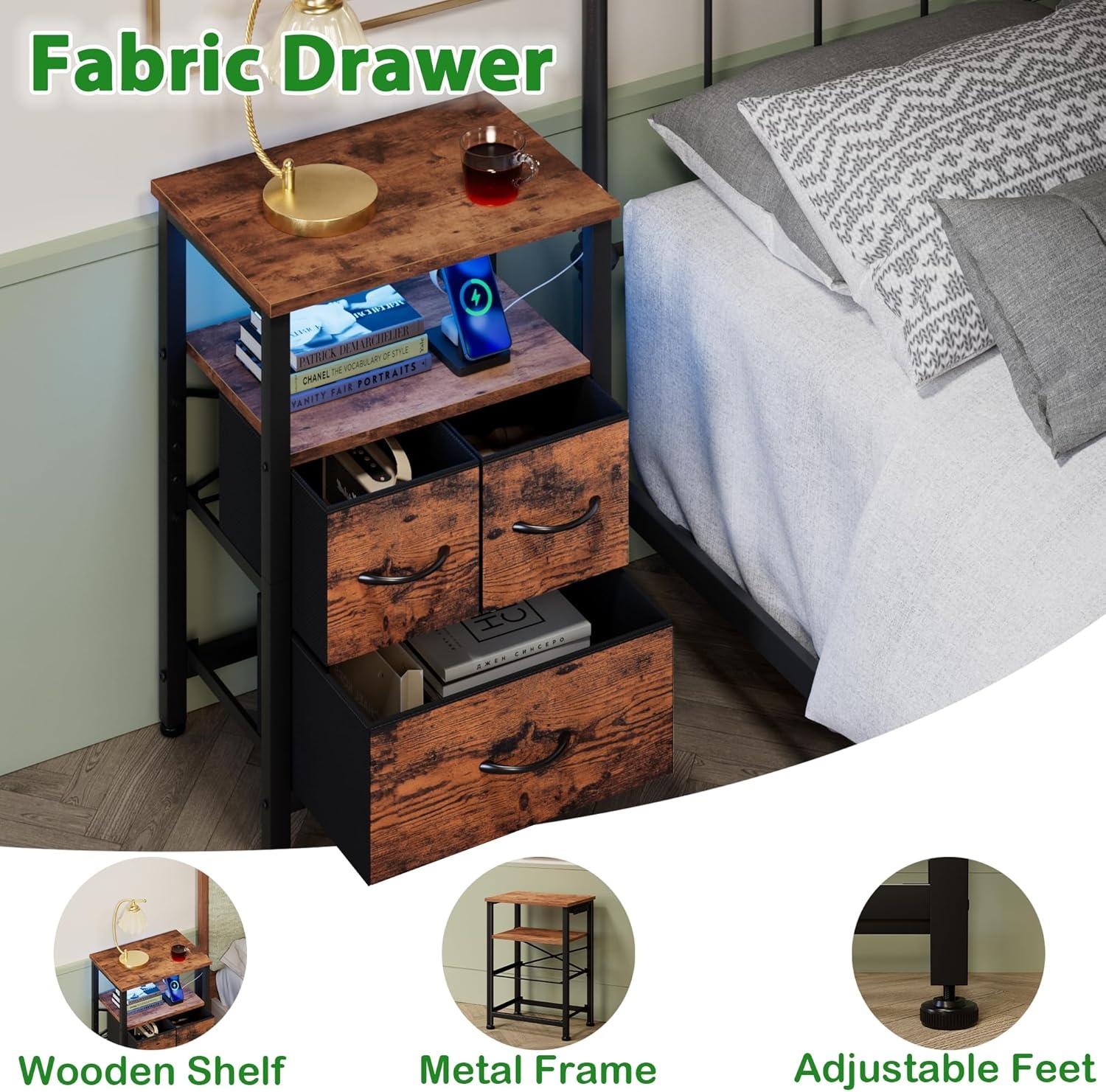 imageFurnulem Dresser for Bedroom Tall Nightstand Vertical Chest with Wood Top Charging Station LED Lights 5 Fabric Bins Bedside Table with Shelf Furniture for Entryway 5 Drawer Rustic BrownRustic Brown