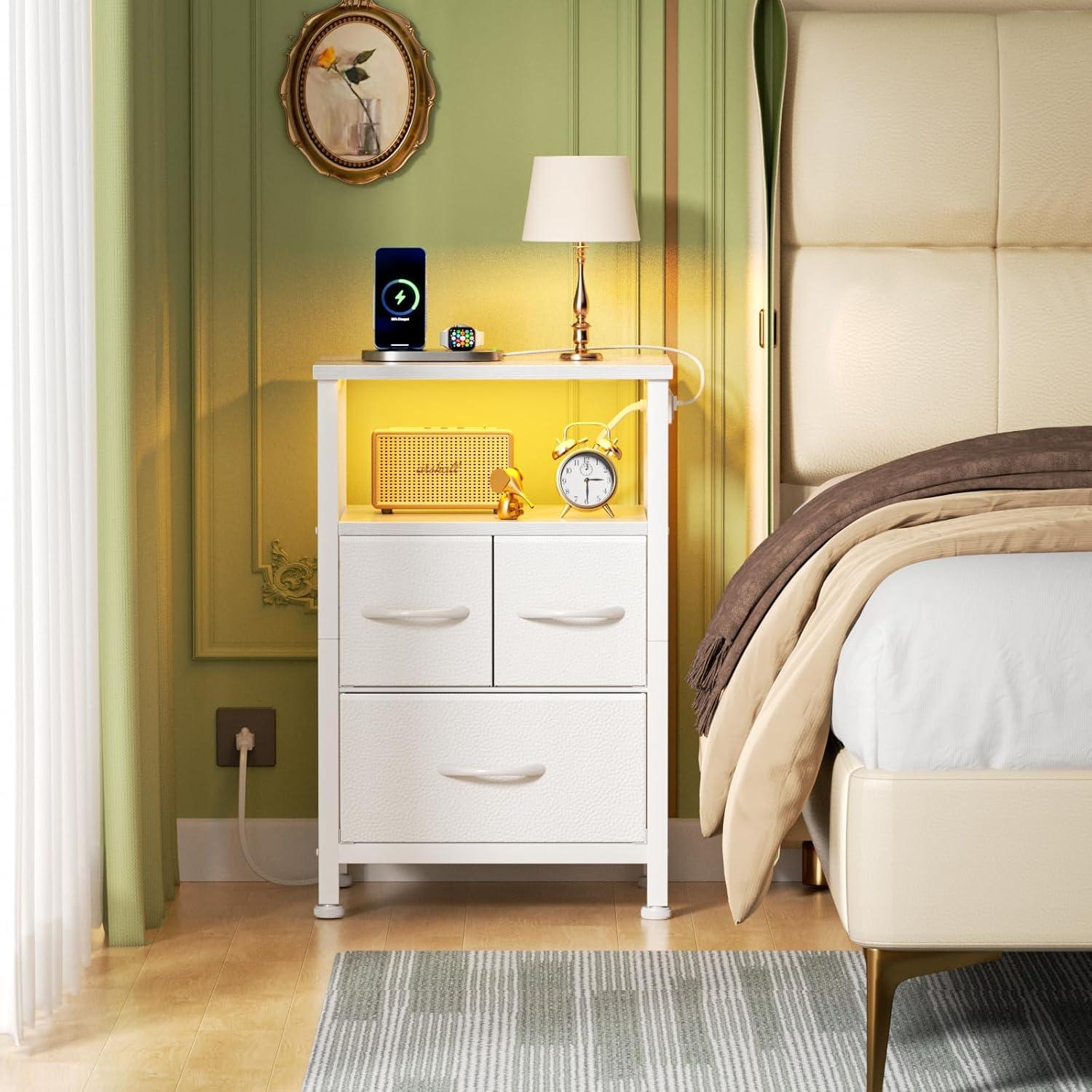 imageFurnulem Dresser for Bedroom Tall Nightstand Vertical Chest with Wood Top Charging Station LED Lights 5 Fabric Bins Bedside Table with Shelf Furniture for Entryway 5 Drawer Rustic BrownWhite