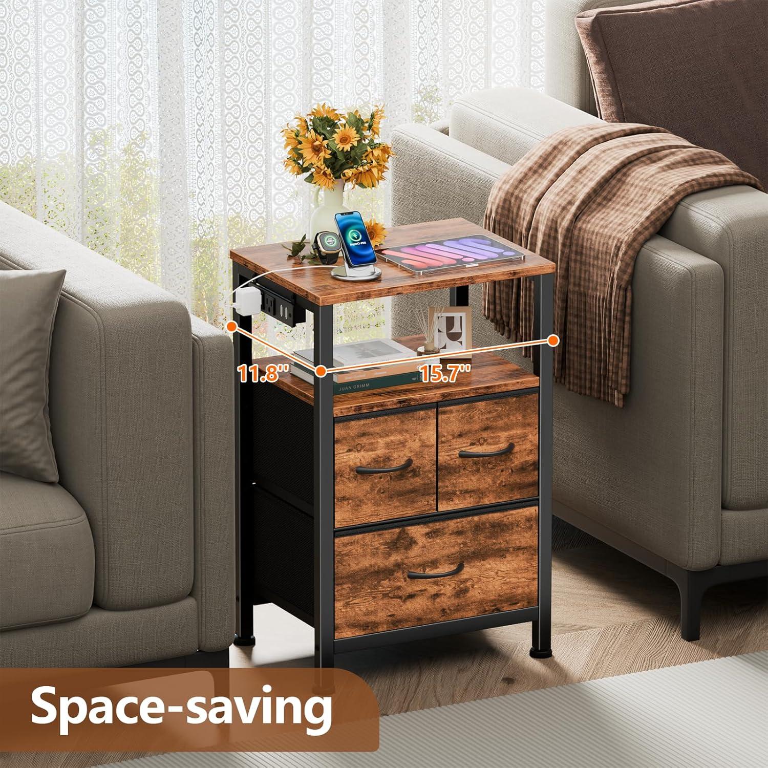 imageFurnulem Dresser for Bedroom Tall Nightstand Vertical Chest with Wood Top Charging Station LED Lights 5 Fabric Bins Bedside Table with Shelf Furniture for Entryway 5 Drawer Rustic BrownRustic Brown