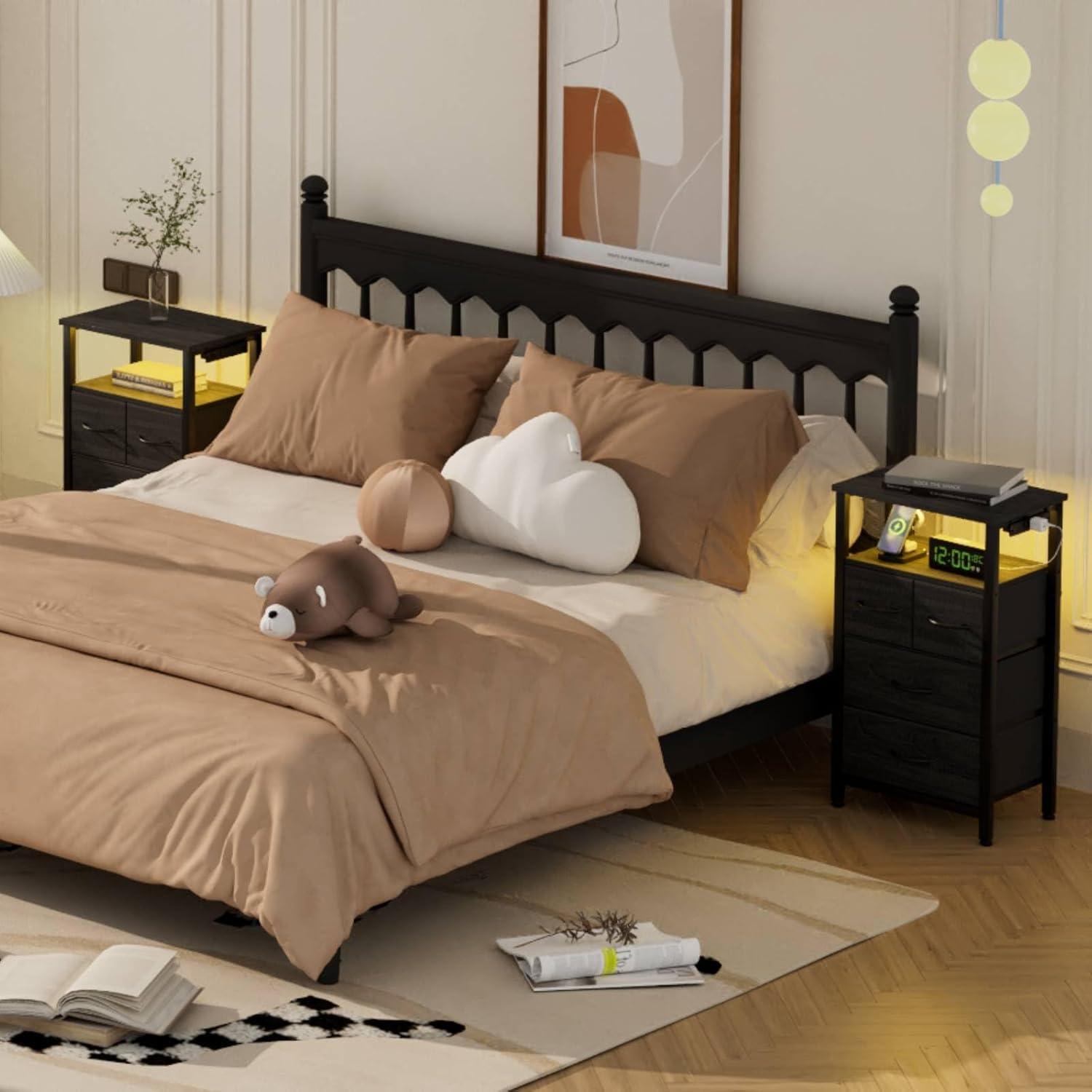 imageFurnulem Dresser for Bedroom Tall Nightstand Vertical Chest with Wood Top Charging Station LED Lights 5 Fabric Bins Bedside Table with Shelf Furniture for Entryway 5 Drawer Rustic BrownBlack Oak