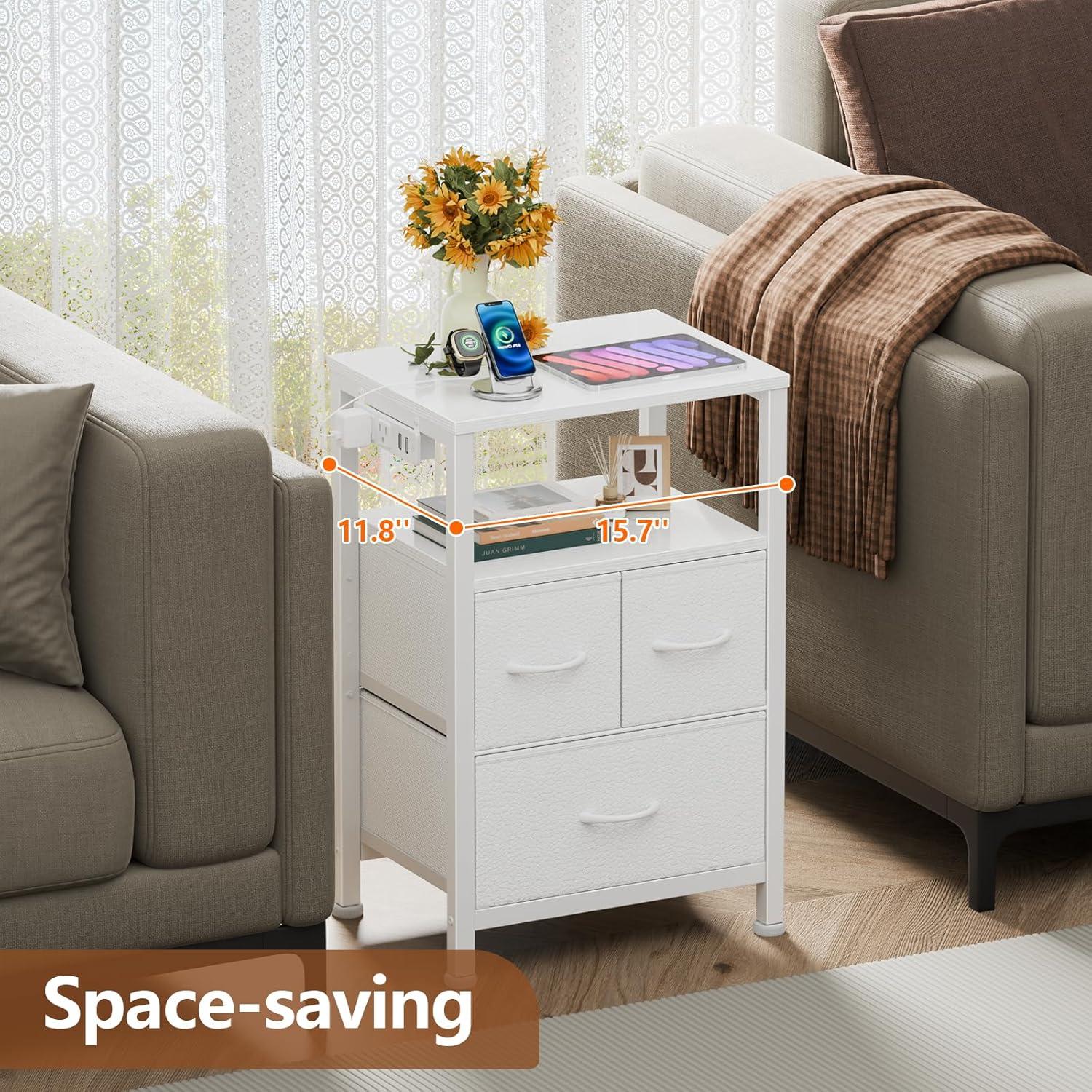 imageFurnulem Dresser for Bedroom Tall Nightstand Vertical Chest with Wood Top Charging Station LED Lights 5 Fabric Bins Bedside Table with Shelf Furniture for Entryway 5 Drawer Rustic BrownWhite