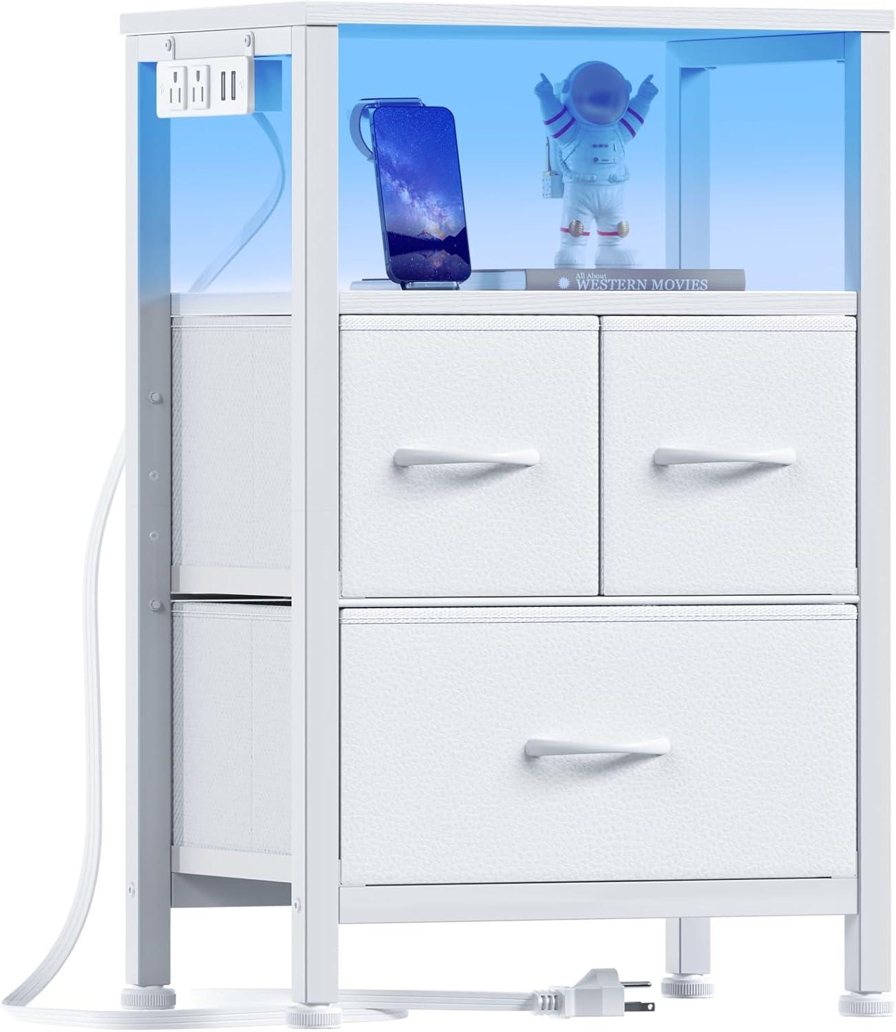 imageFurnulem Dresser for Bedroom Tall Nightstand Vertical Chest with Wood Top Charging Station LED Lights 5 Fabric Bins Bedside Table with Shelf Furniture for Entryway 5 Drawer Rustic BrownWhite