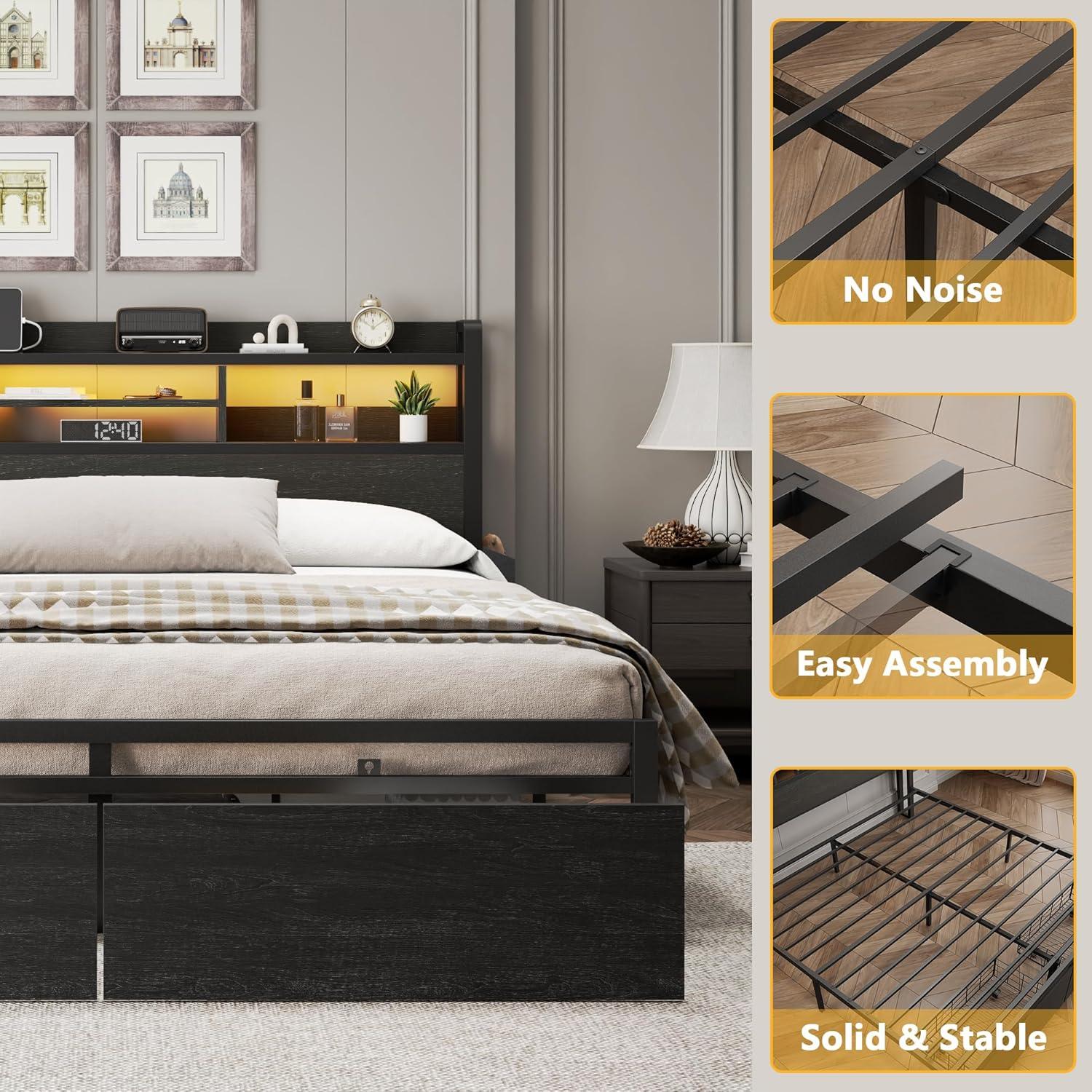 imageFurnulem Full Size Bed Frame with Wood Headboard Metal Platform Bed Frame Full Size with 2 Storage Drawers and Shelf LED Lights and Charging Station No Box Spring Needed Noise Free BlackQueen