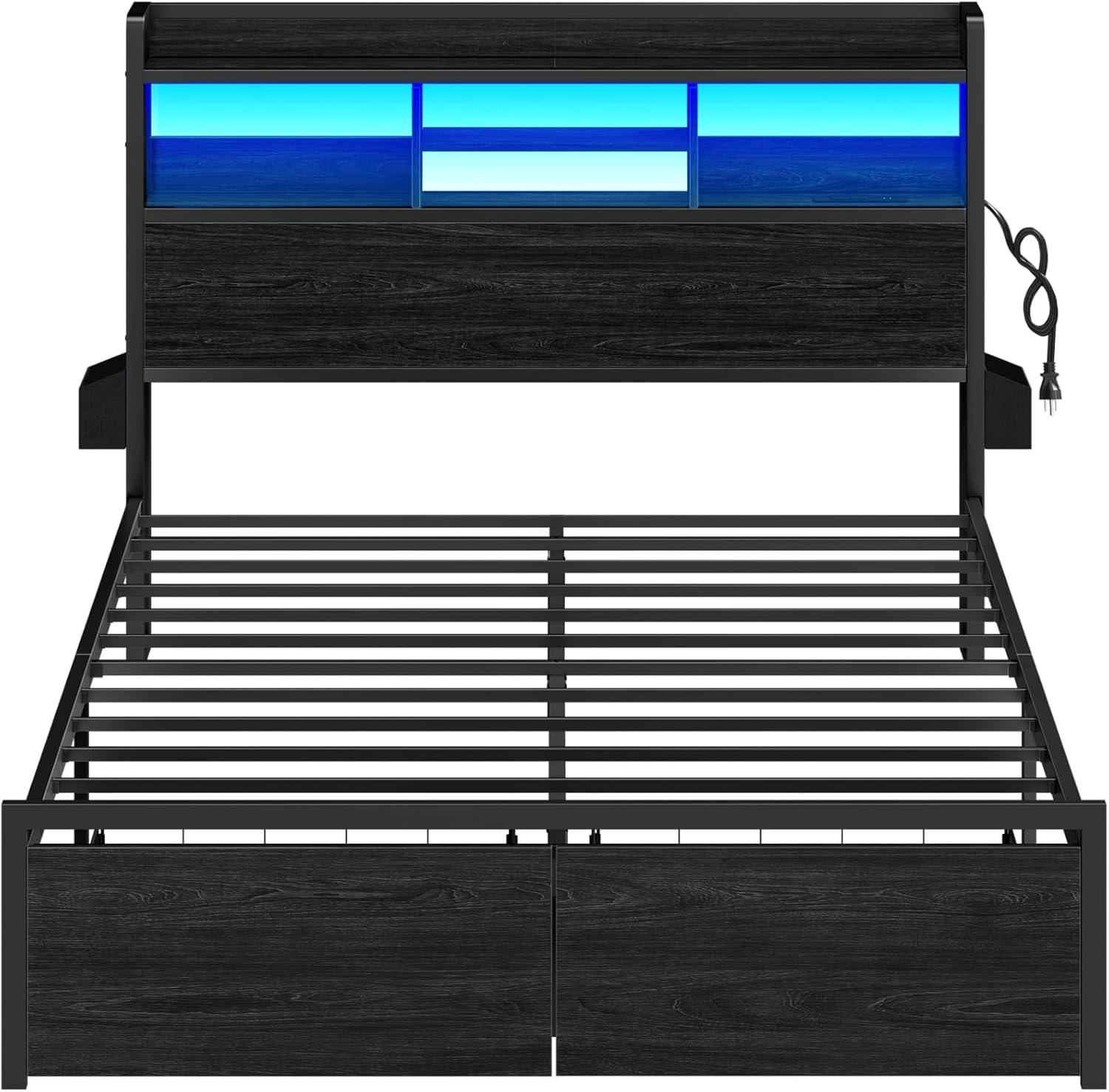 imageFurnulem Full Size Bed Frame with Wood Headboard Metal Platform Bed Frame Full Size with 2 Storage Drawers and Shelf LED Lights and Charging Station No Box Spring Needed Noise Free BlackQueen