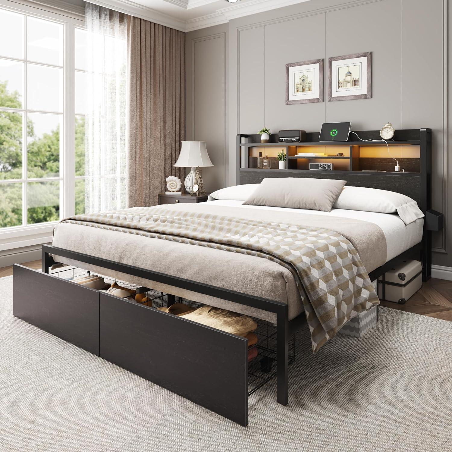 imageFurnulem Full Size Bed Frame with Wood Headboard Metal Platform Bed Frame Full Size with 2 Storage Drawers and Shelf LED Lights and Charging Station No Box Spring Needed Noise Free BlackQueen