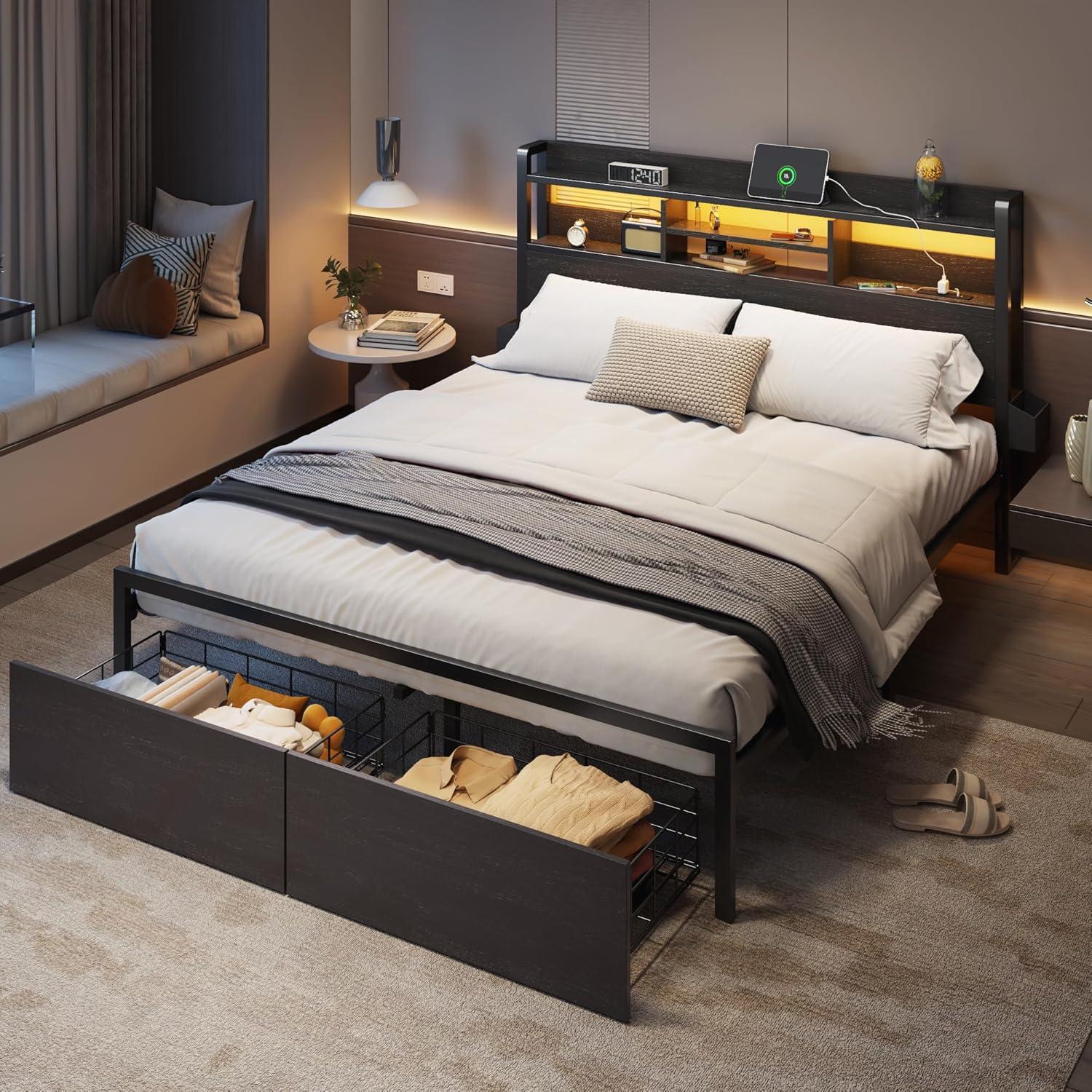 imageFurnulem Full Size Bed Frame with Wood Headboard Metal Platform Bed Frame Full Size with 2 Storage Drawers and Shelf LED Lights and Charging Station No Box Spring Needed Noise Free BlackQueen