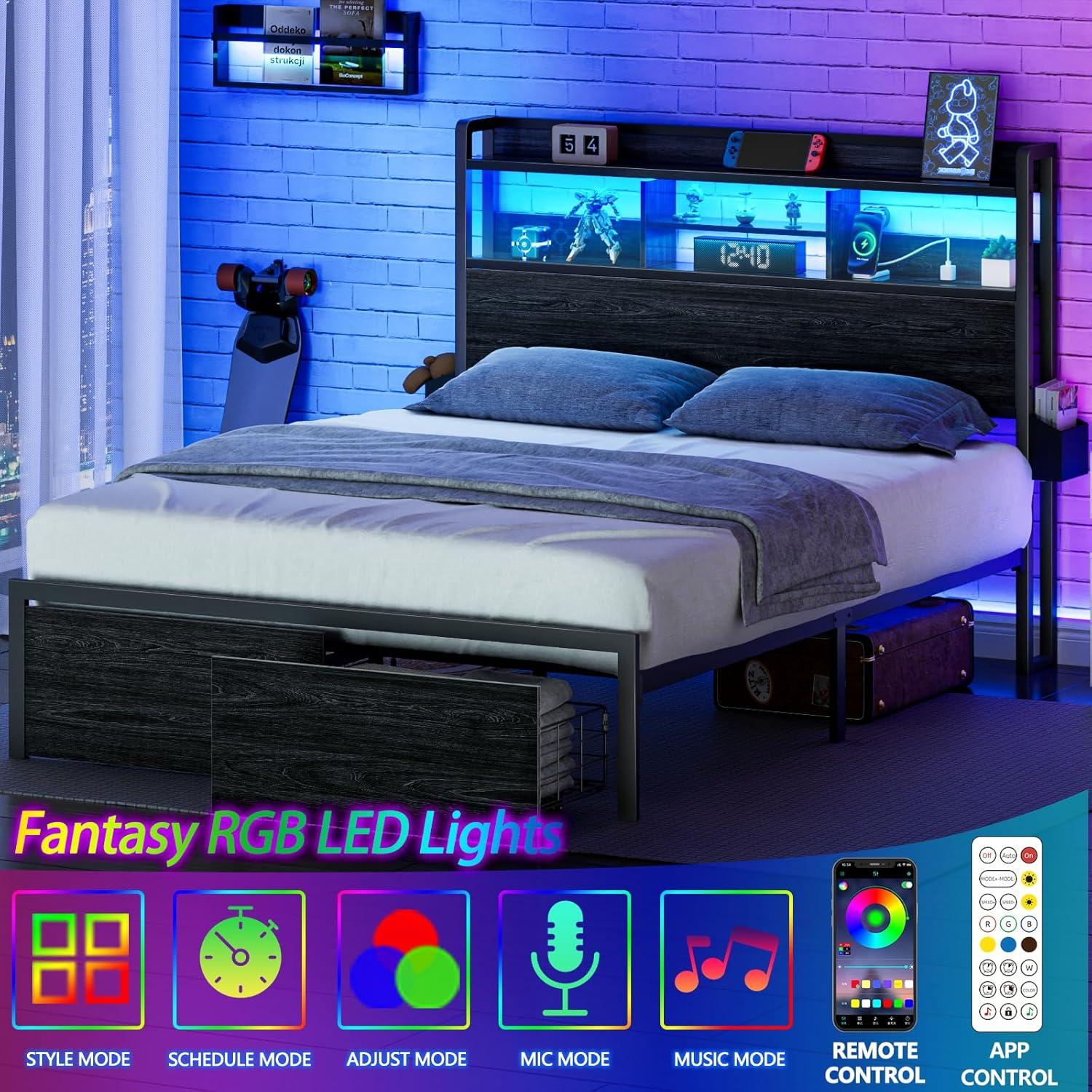 imageFurnulem Full Size Bed Frame with Wood Headboard Metal Platform Bed Frame Full Size with 2 Storage Drawers and Shelf LED Lights and Charging Station No Box Spring Needed Noise Free BlackFull