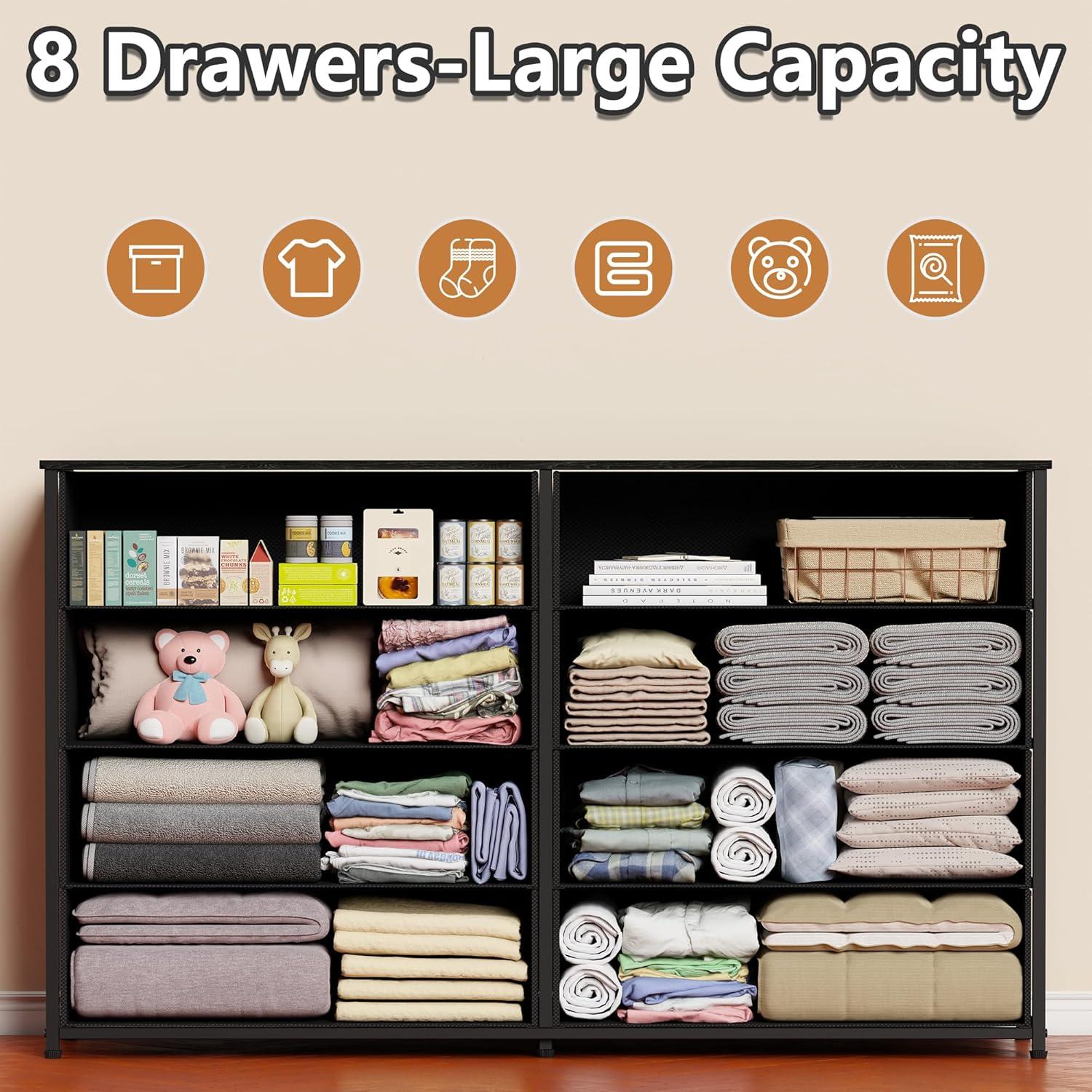 imageFurnulem Long Dresser for Bedroom TV Stand for 55 TV Wide Storage Drawer Unit with 8 Fabric Bins Double Dresser for Bedroom Office Dorm Closet Entryway Wood Top Rustic BrownBlack Oak