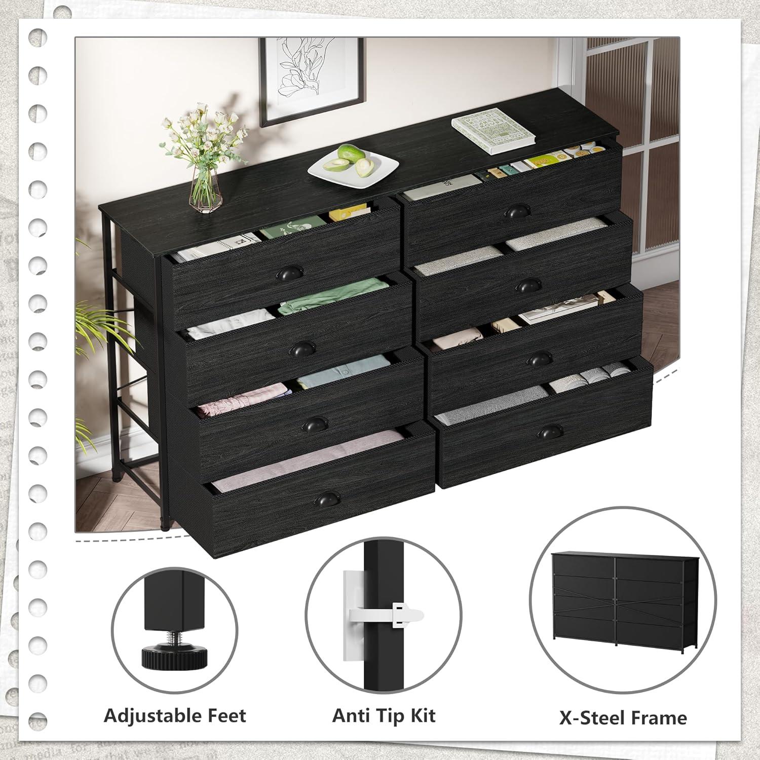 imageFurnulem Long Dresser for Bedroom TV Stand for 55 TV Wide Storage Drawer Unit with 8 Fabric Bins Double Dresser for Bedroom Office Dorm Closet Entryway Wood Top Rustic BrownBlack Oak