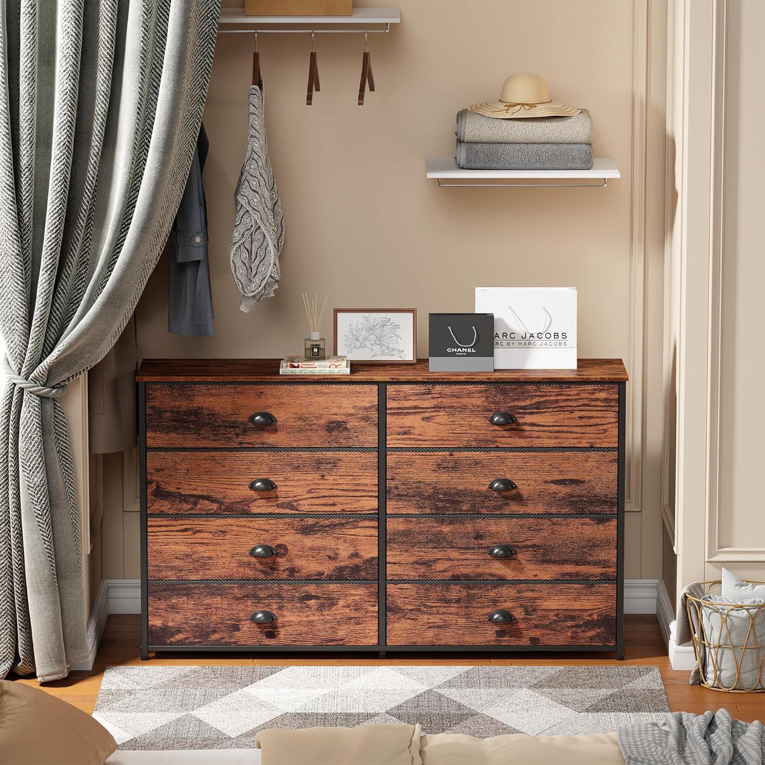 imageFurnulem Long Dresser for Bedroom TV Stand for 55 TV Wide Storage Drawer Unit with 8 Fabric Bins Double Dresser for Bedroom Office Dorm Closet Entryway Wood Top Rustic BrownRustic Brown