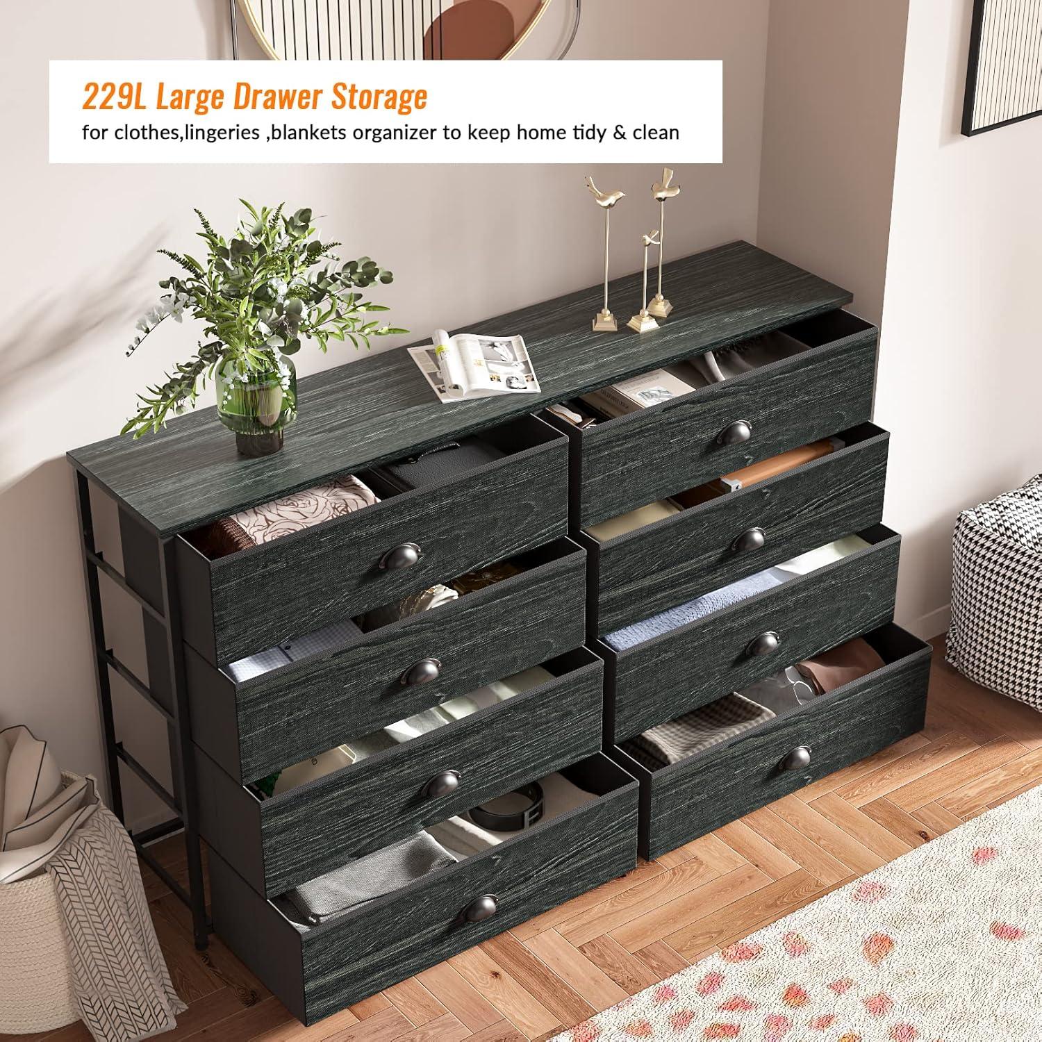 imageFurnulem Long Dresser for Bedroom TV Stand for 55 TV Wide Storage Drawer Unit with 8 Fabric Bins Double Dresser for Bedroom Office Dorm Closet Entryway Wood Top Rustic BrownBlack Oak