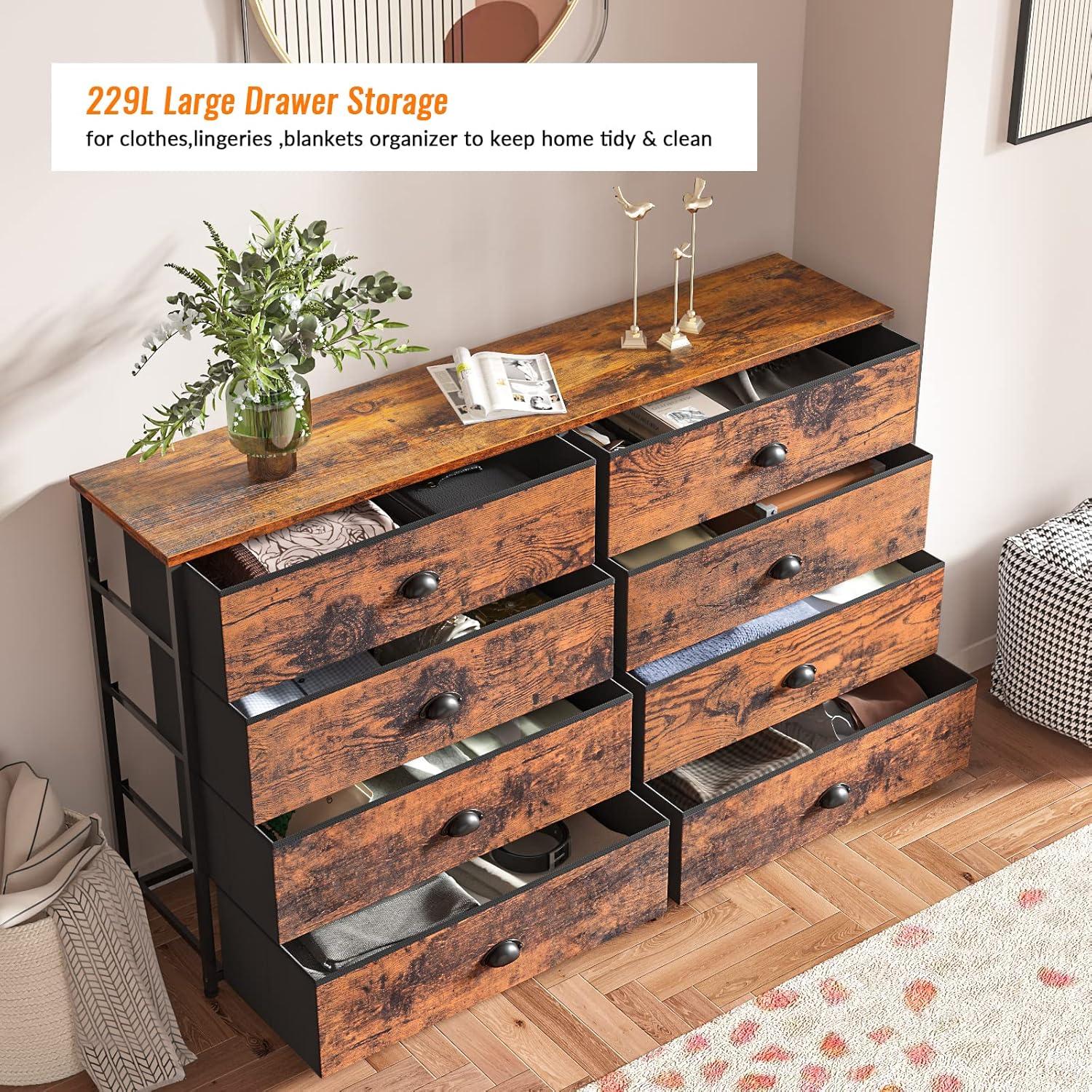 imageFurnulem Long Dresser for Bedroom TV Stand for 55 TV Wide Storage Drawer Unit with 8 Fabric Bins Double Dresser for Bedroom Office Dorm Closet Entryway Wood Top Rustic BrownRustic Brown