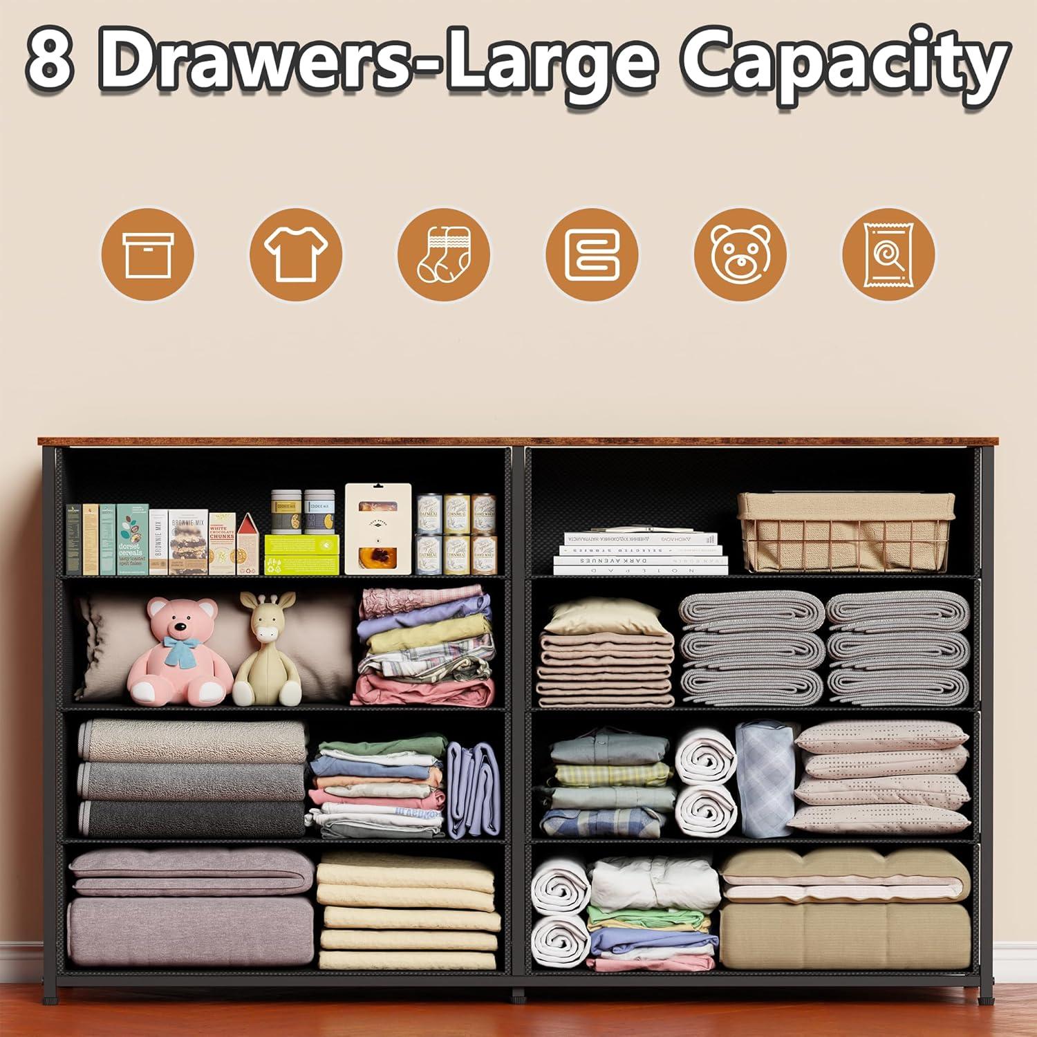 imageFurnulem Long Dresser for Bedroom TV Stand for 55 TV Wide Storage Drawer Unit with 8 Fabric Bins Double Dresser for Bedroom Office Dorm Closet Entryway Wood Top Rustic BrownRustic Brown