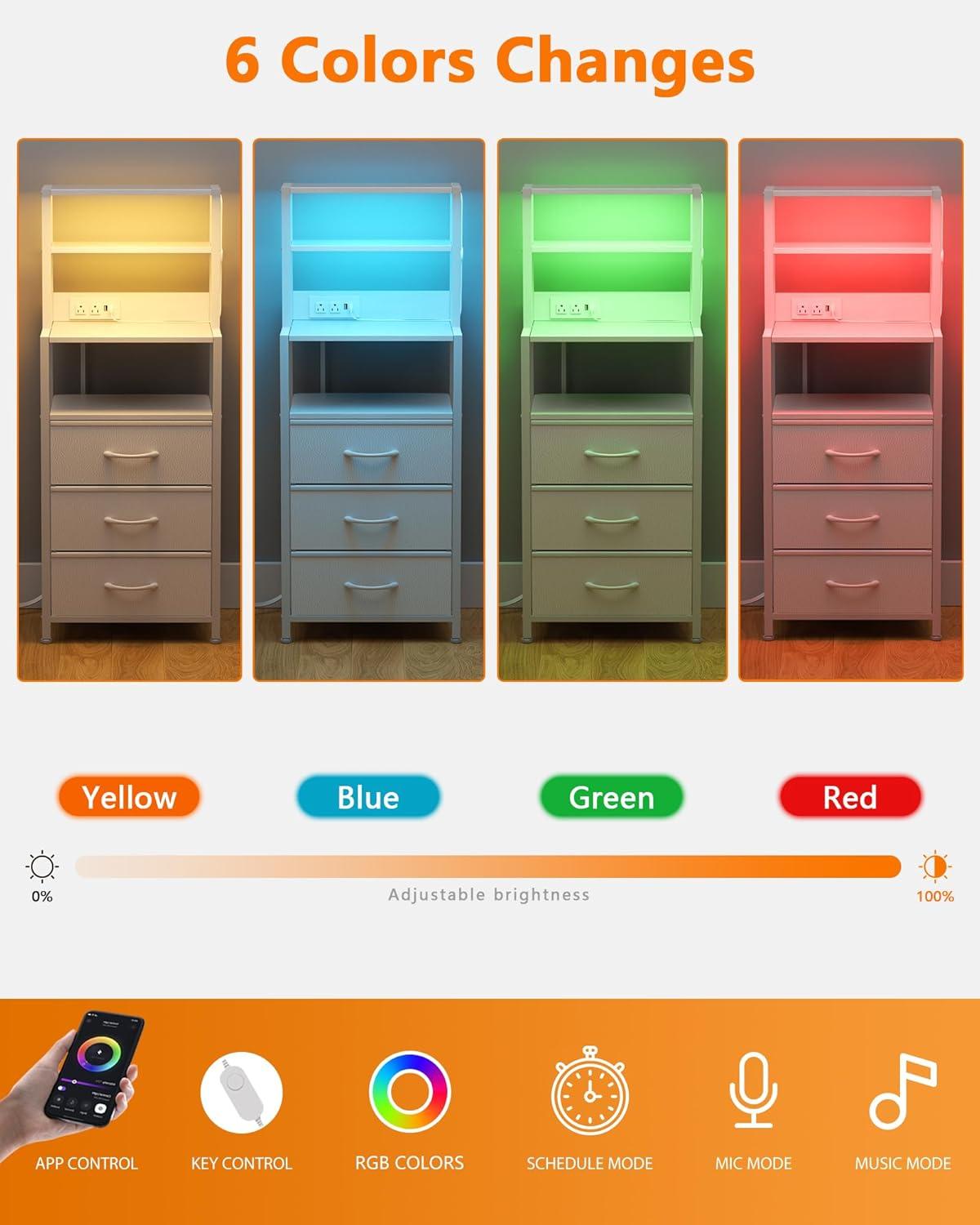 imageFurnulem Night Stand Tall Nightstand with 4Tier Shelves and 3 Fabric Drawers LED Bed Side Tables with Charging Station Bedside Table for Bedroom Hallway Home Office Black OakWhite