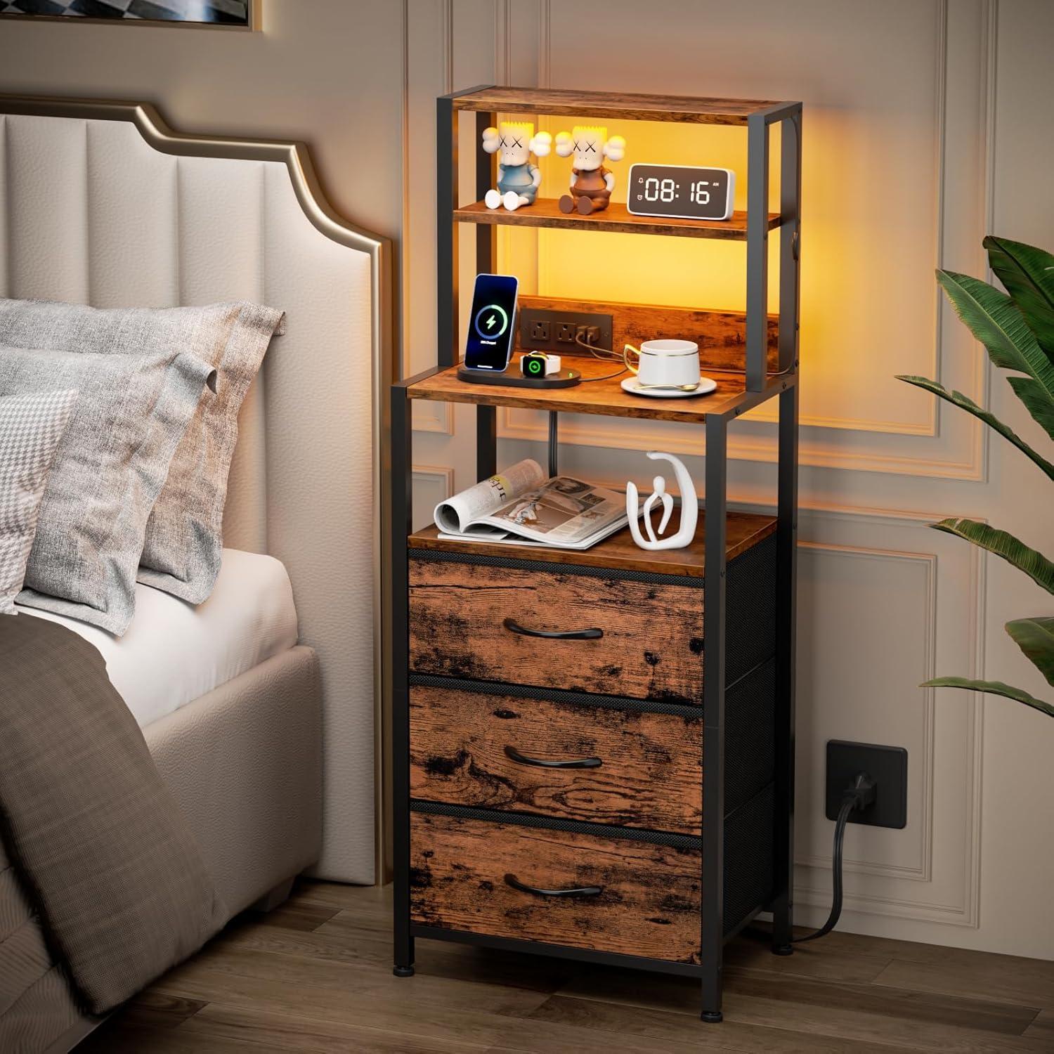 imageFurnulem Night Stand Tall Nightstand with 4Tier Shelves and 3 Fabric Drawers LED Bed Side Tables with Charging Station Bedside Table for Bedroom Hallway Home Office Black OakRustic Brown