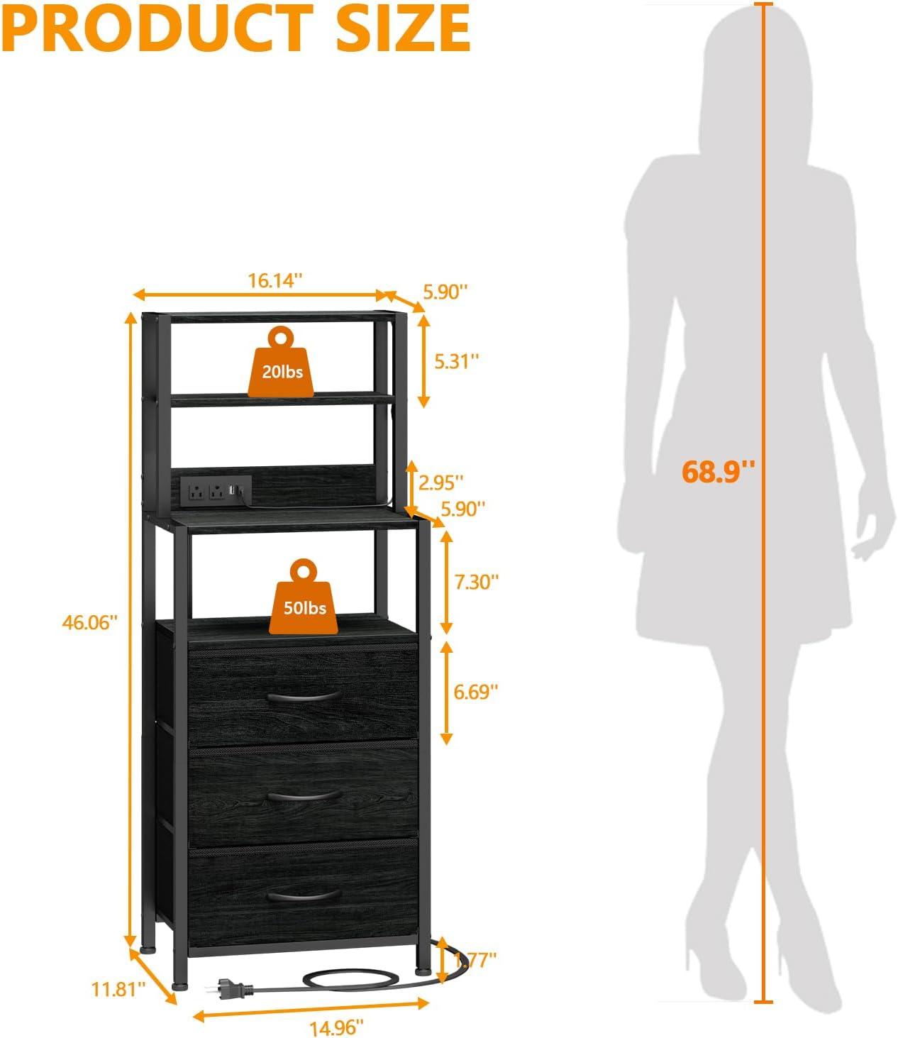 imageFurnulem Night Stand Tall Nightstand with 4Tier Shelves and 3 Fabric Drawers LED Bed Side Tables with Charging Station Bedside Table for Bedroom Hallway Home Office Black OakBlack Oak