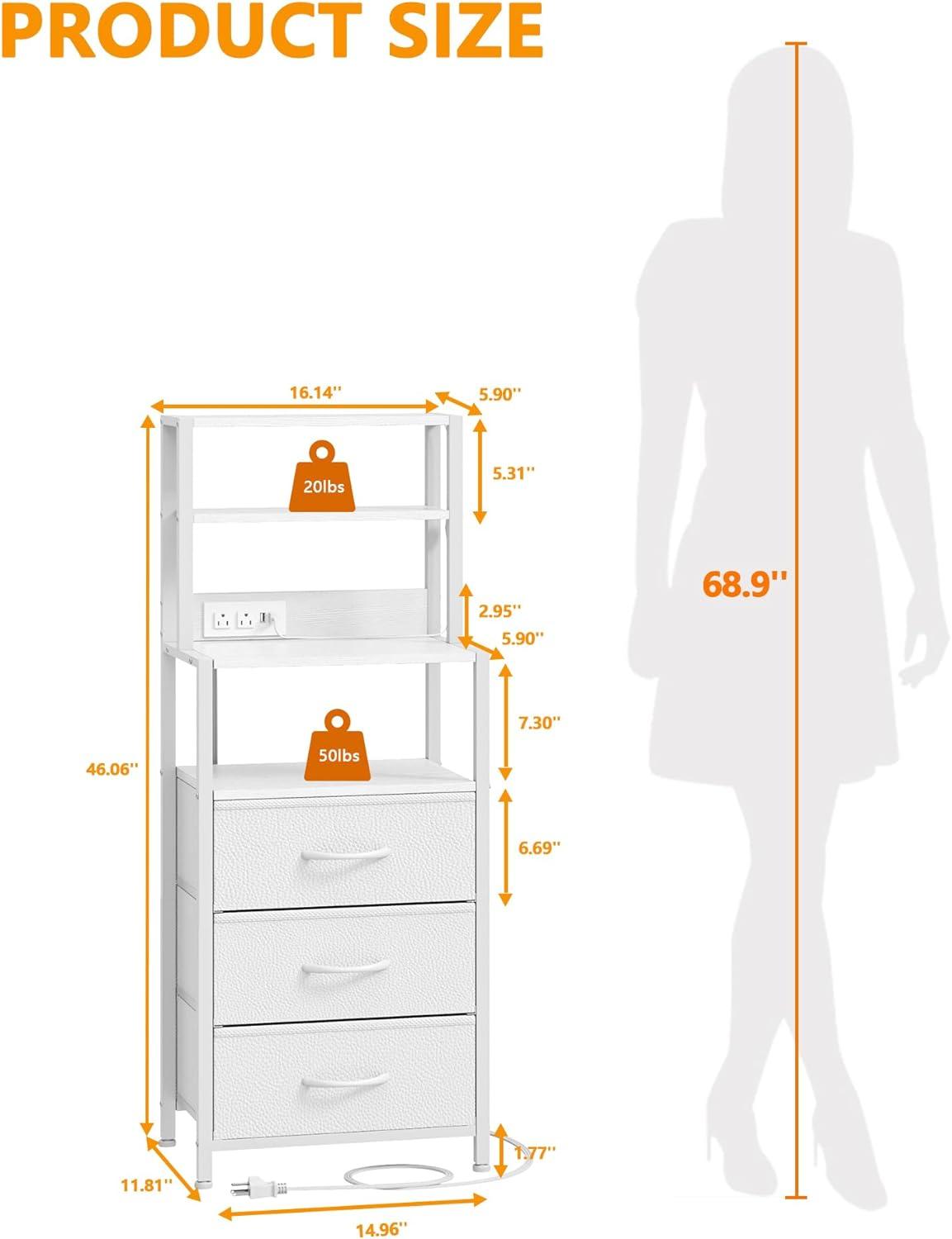 imageFurnulem Night Stand Tall Nightstand with 4Tier Shelves and 3 Fabric Drawers LED Bed Side Tables with Charging Station Bedside Table for Bedroom Hallway Home Office Black OakWhite