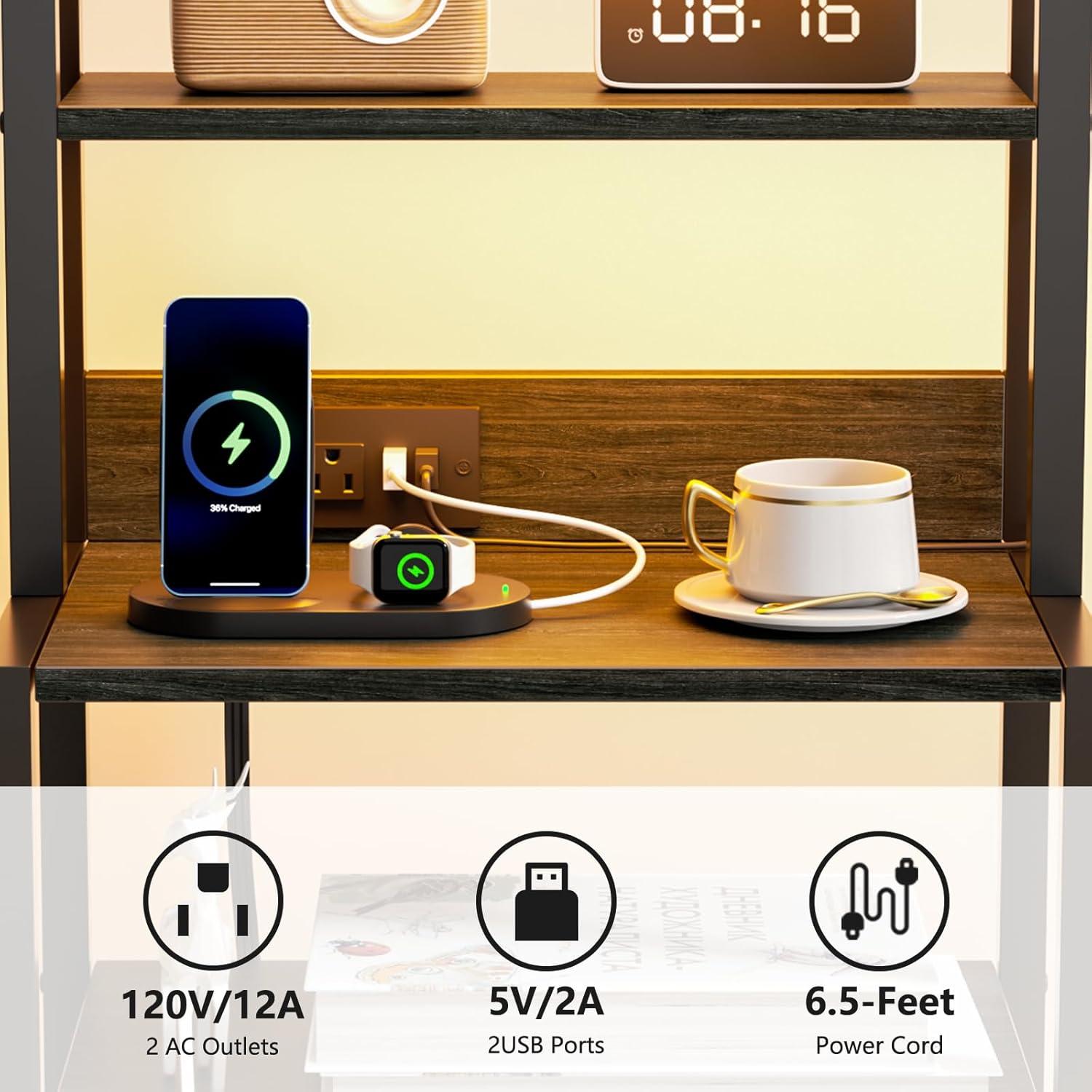 imageFurnulem Night Stand Tall Nightstand with 4Tier Shelves and 3 Fabric Drawers LED Bed Side Tables with Charging Station Bedside Table for Bedroom Hallway Home Office Black OakBlack Oak