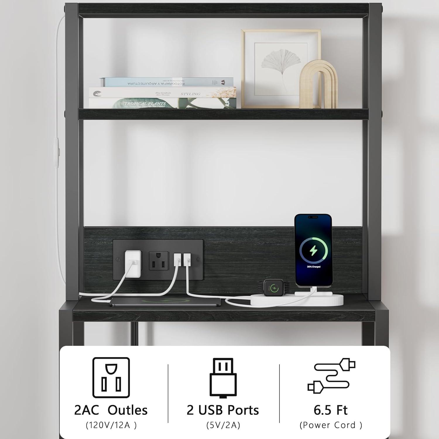 imageFurnulem Night Stand Tall Nightstand with 4Tier Shelves and 3 Fabric Drawers LED Bed Side Tables with Charging Station Bedside Table for Bedroom Hallway Home Office Black OakBlack Oak