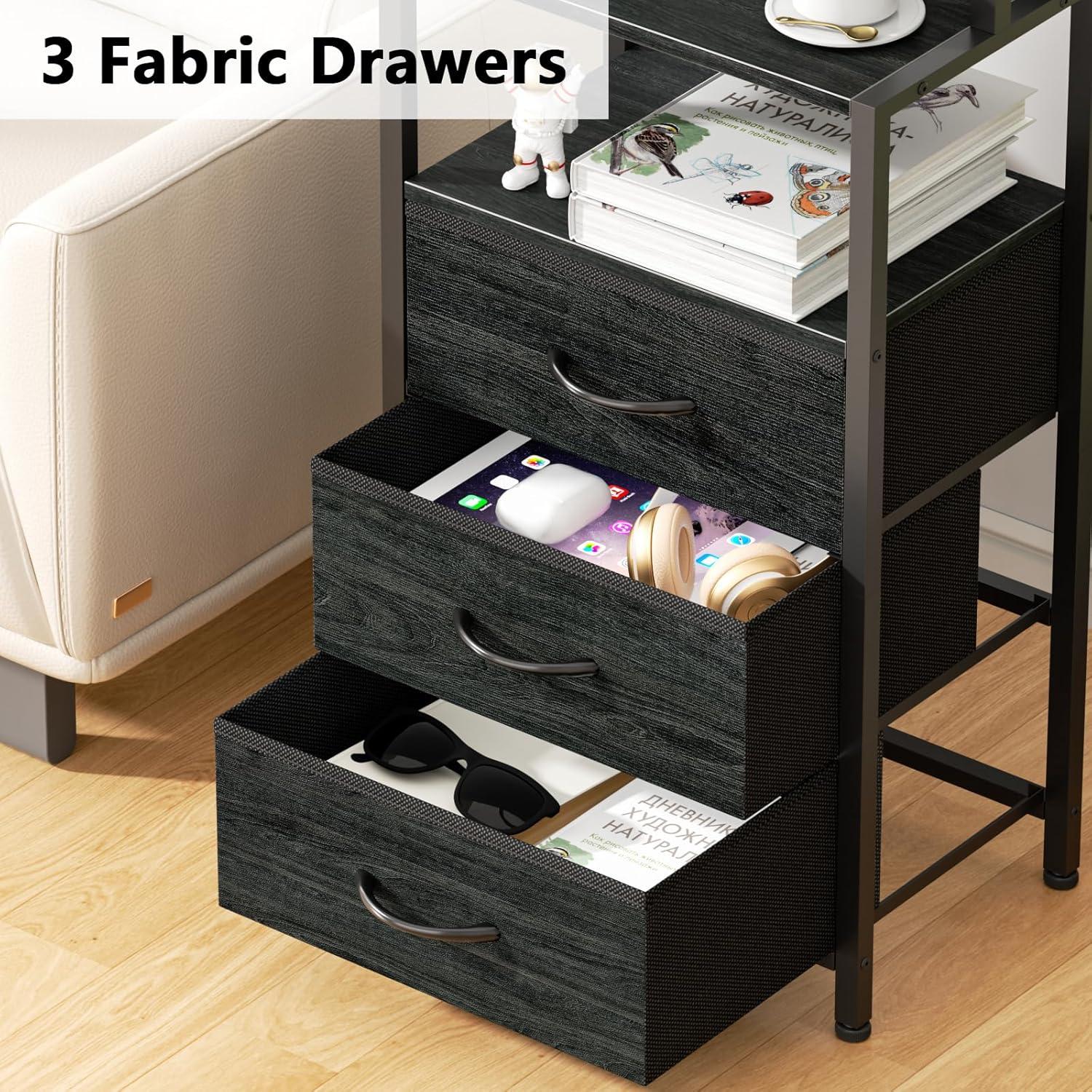 imageFurnulem Night Stand Tall Nightstand with 4Tier Shelves and 3 Fabric Drawers LED Bed Side Tables with Charging Station Bedside Table for Bedroom Hallway Home Office Black OakBlack Oak