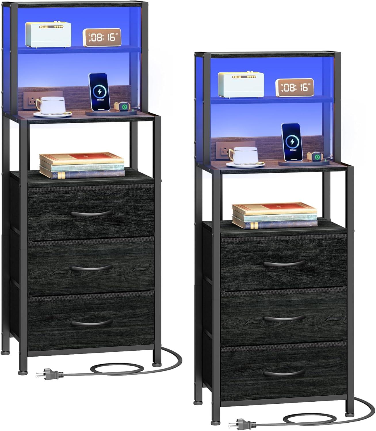 imageFurnulem Night Stand Tall Nightstand with 4Tier Shelves and 3 Fabric Drawers LED Bed Side Tables with Charging Station Bedside Table for Bedroom Hallway Home Office Black OakBlack Oak
