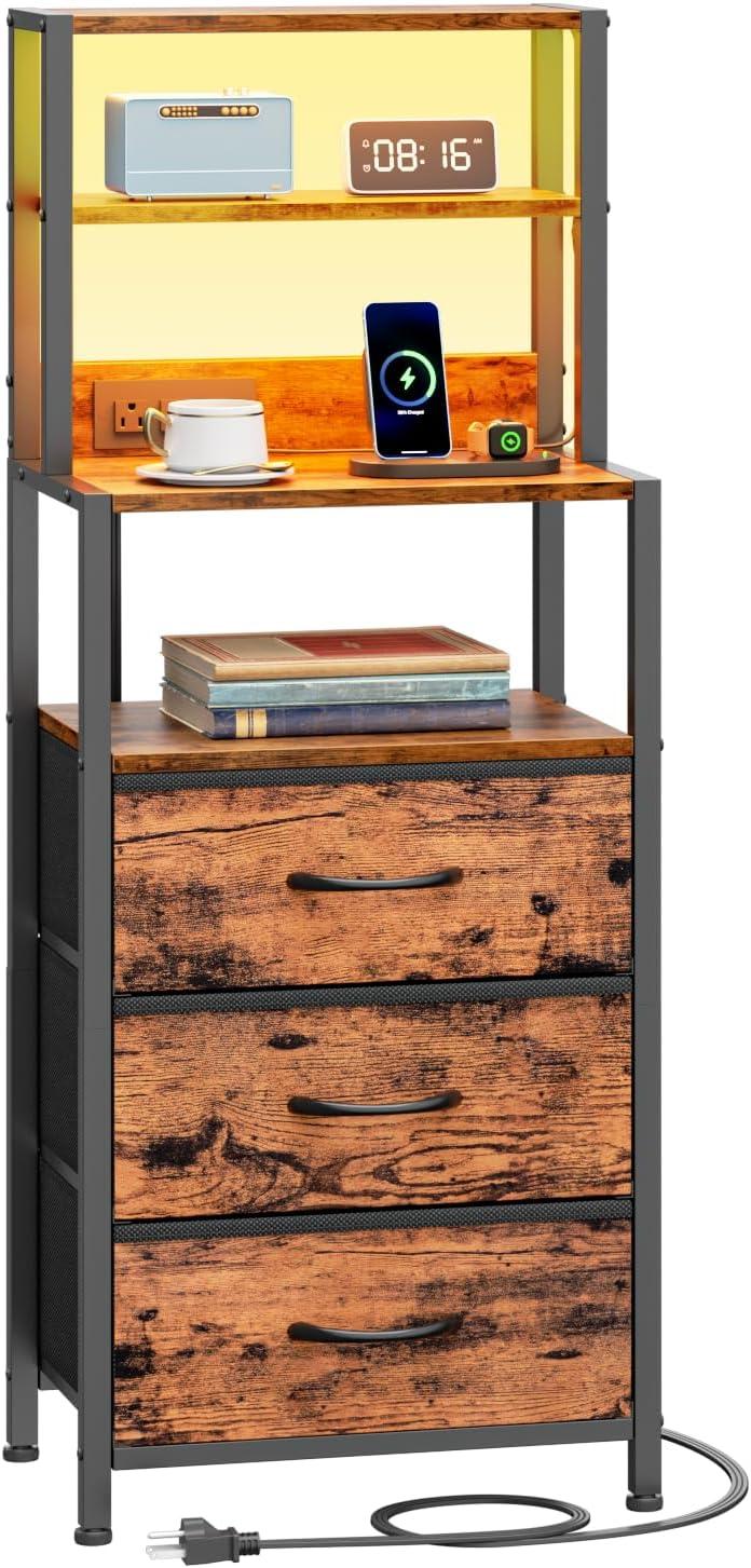 imageFurnulem Night Stand Tall Nightstand with 4Tier Shelves and 3 Fabric Drawers LED Bed Side Tables with Charging Station Bedside Table for Bedroom Hallway Home Office Black OakRustic Brown