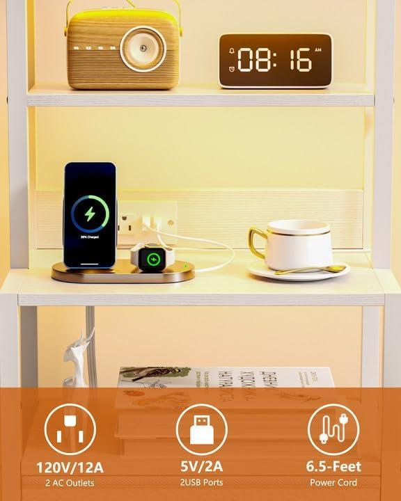 imageFurnulem Night Stand Tall Nightstand with 4Tier Shelves and 3 Fabric Drawers LED Bed Side Tables with Charging Station Bedside Table for Bedroom Hallway Home Office Black OakWhite