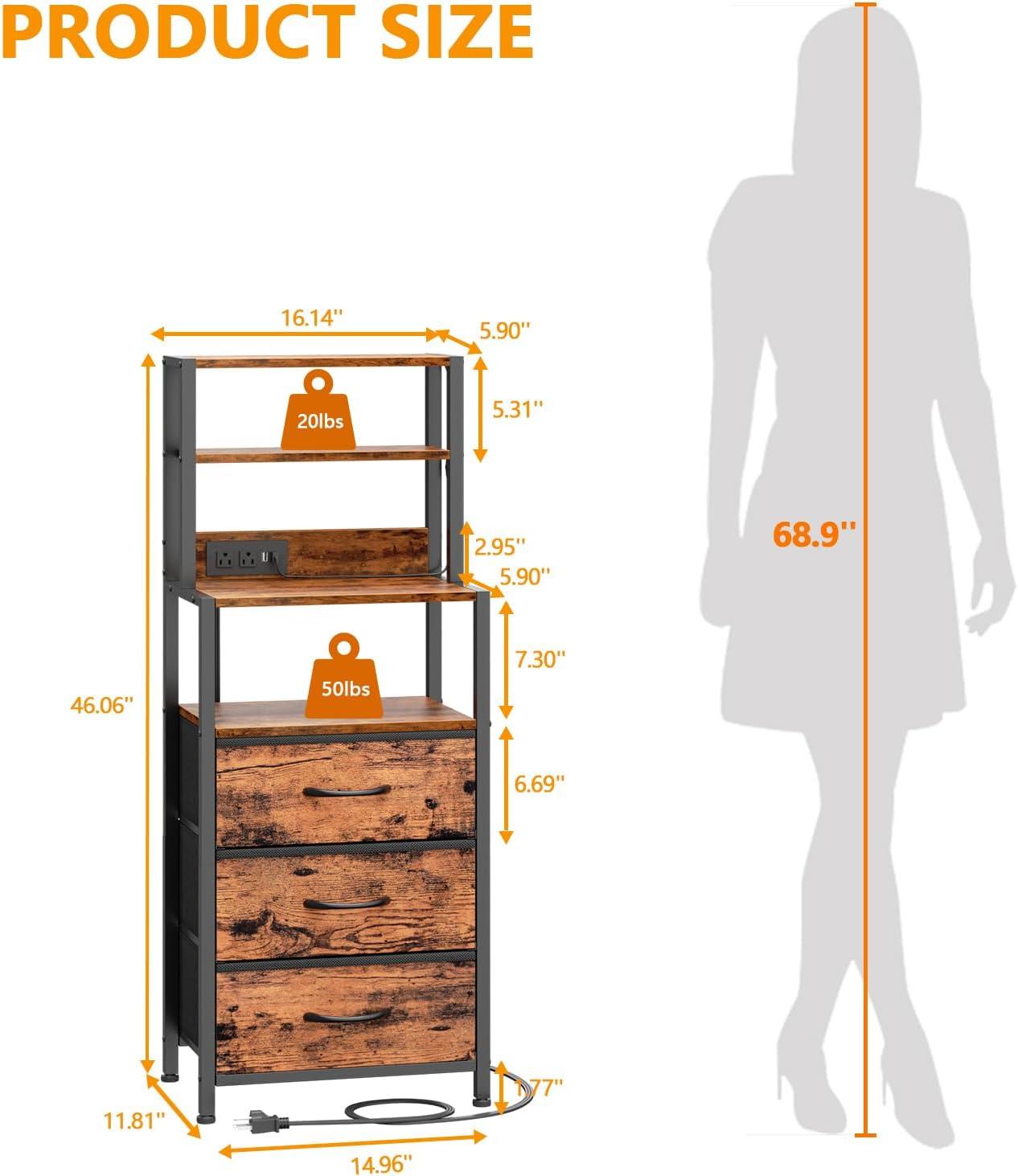 imageFurnulem Night Stand Tall Nightstand with 4Tier Shelves and 3 Fabric Drawers LED Bed Side Tables with Charging Station Bedside Table for Bedroom Hallway Home Office Black OakRustic Brown