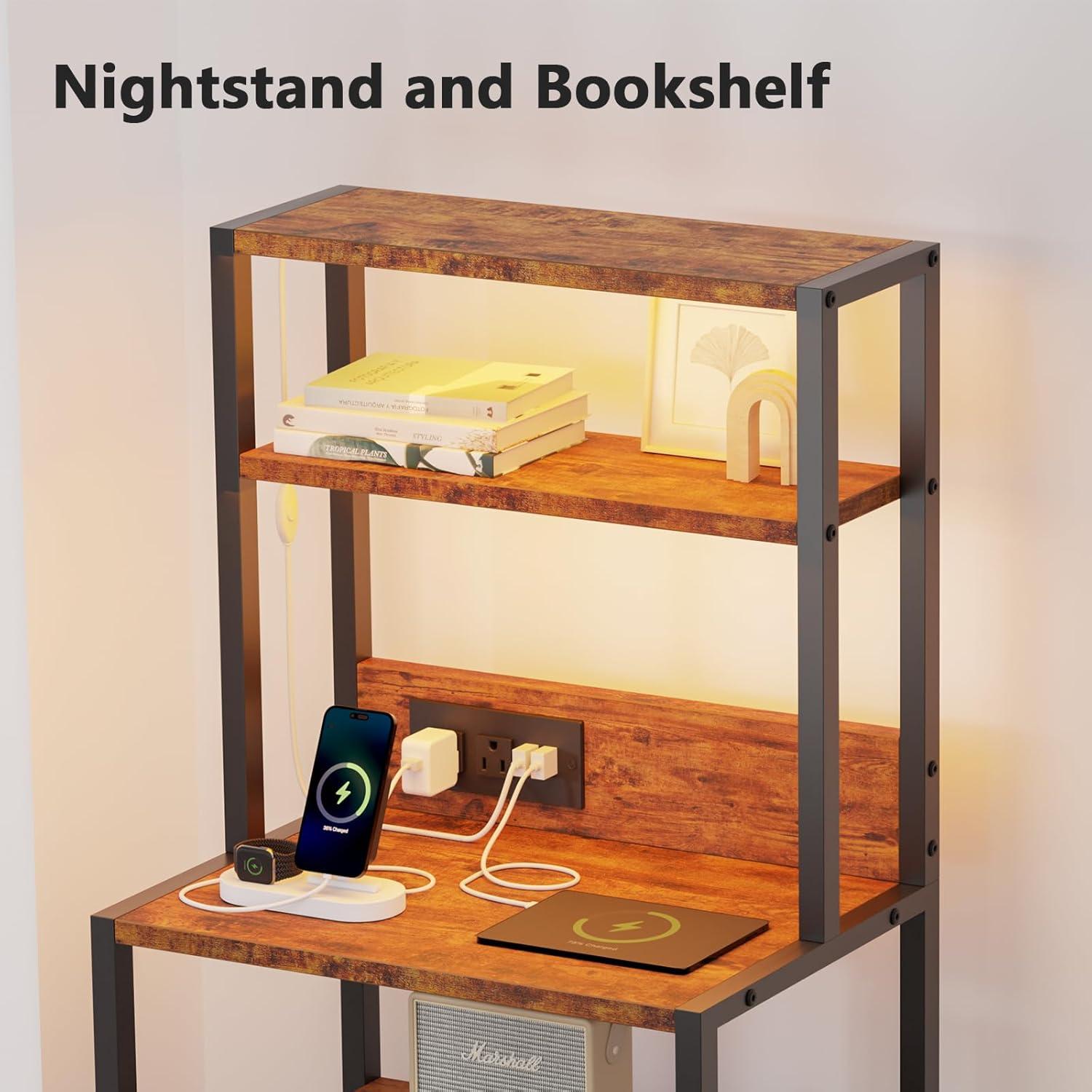 imageFurnulem Night Stand Tall Nightstand with 4Tier Shelves and 3 Fabric Drawers LED Bed Side Tables with Charging Station Bedside Table for Bedroom Hallway Home Office Black OakRustic Brown