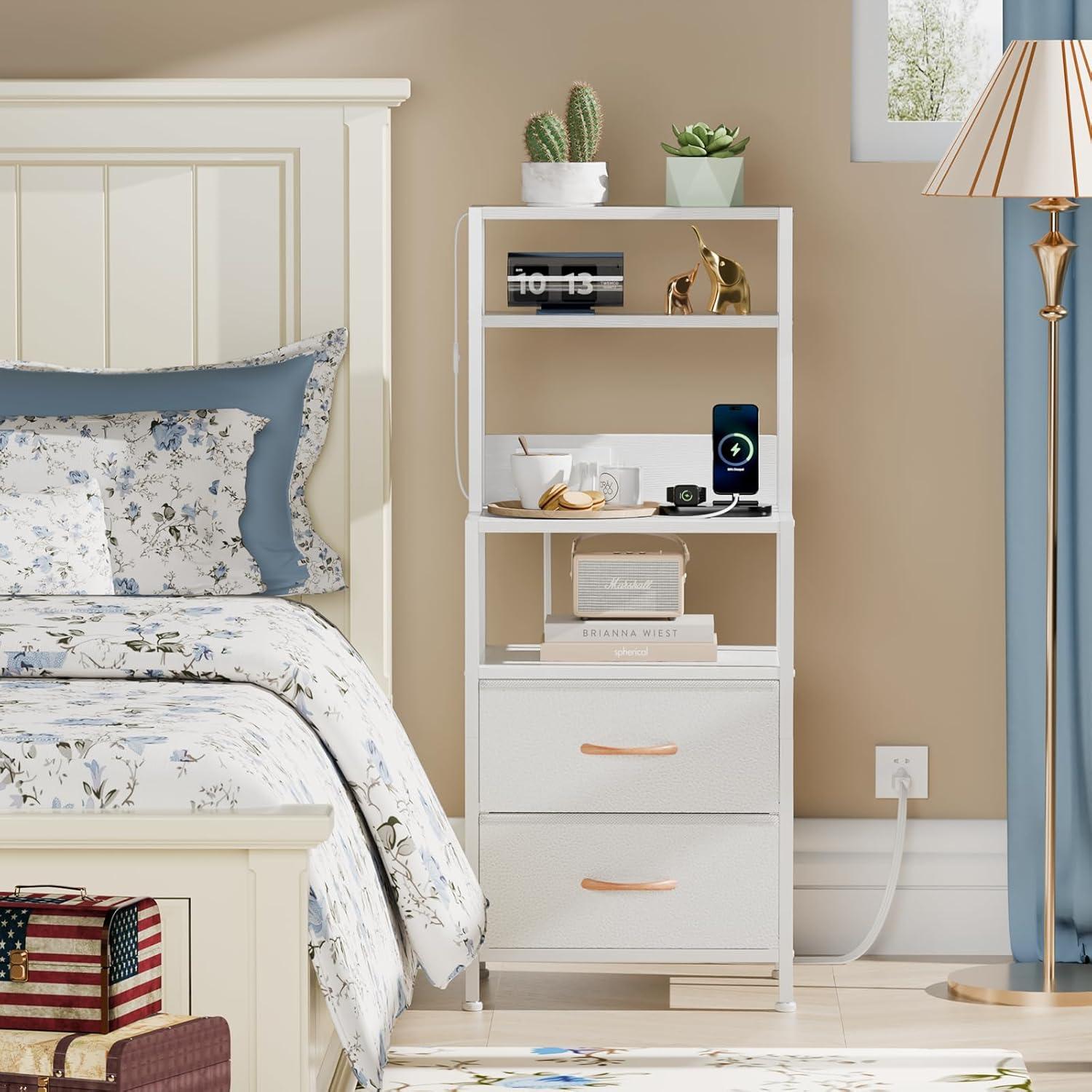 imageFurnulem Night Stand Tall Nightstand with 4Tier Shelves and 3 Fabric Drawers LED Bed Side Tables with Charging Station Bedside Table for Bedroom Hallway Home Office Black OakWhite