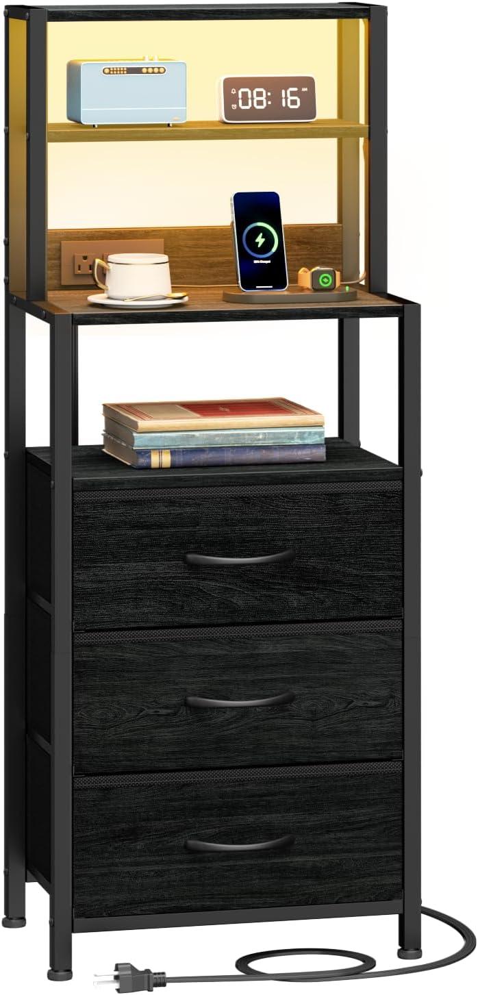 imageFurnulem Night Stand Tall Nightstand with 4Tier Shelves and 3 Fabric Drawers LED Bed Side Tables with Charging Station Bedside Table for Bedroom Hallway Home Office Black OakBlack Oak