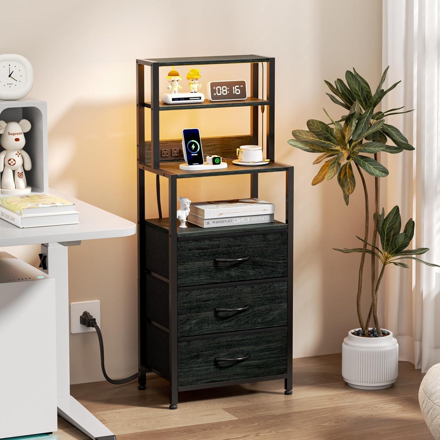 imageFurnulem Night Stand Tall Nightstand with 4Tier Shelves and 3 Fabric Drawers LED Bed Side Tables with Charging Station Bedside Table for Bedroom Hallway Home Office Black OakBlack Oak