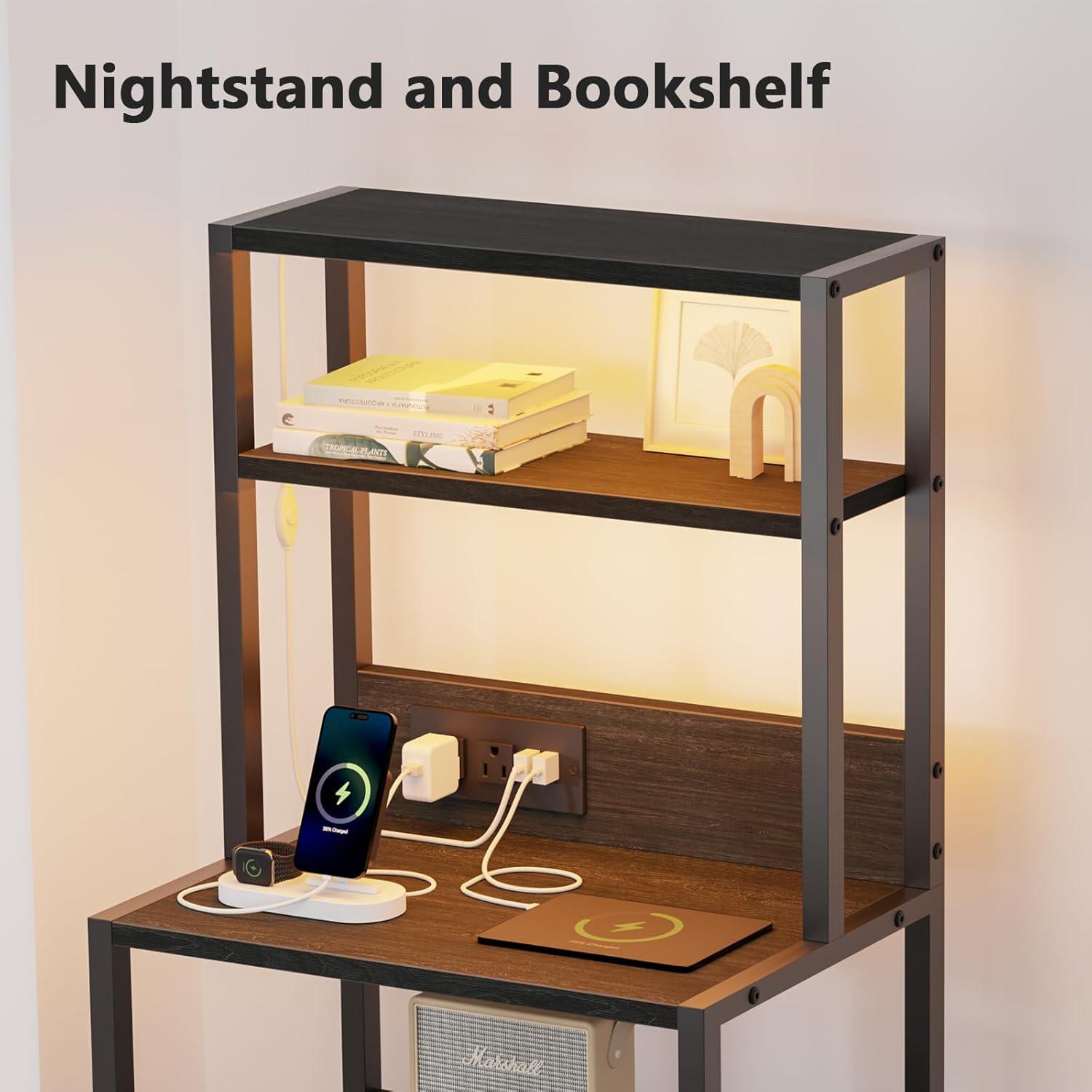 imageFurnulem Night Stand Tall Nightstand with 4Tier Shelves and 3 Fabric Drawers LED Bed Side Tables with Charging Station Bedside Table for Bedroom Hallway Home Office Black OakBlack Oak