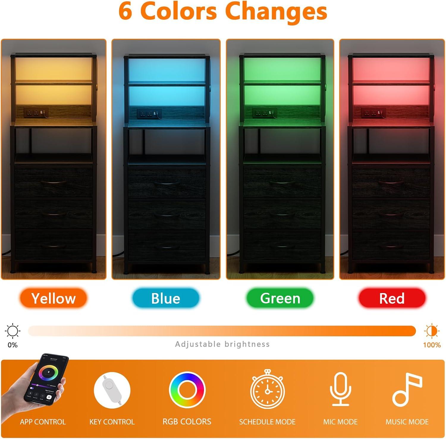 imageFurnulem Night Stand Tall Nightstand with 4Tier Shelves and 3 Fabric Drawers LED Bed Side Tables with Charging Station Bedside Table for Bedroom Hallway Home Office Black OakBlack Oak