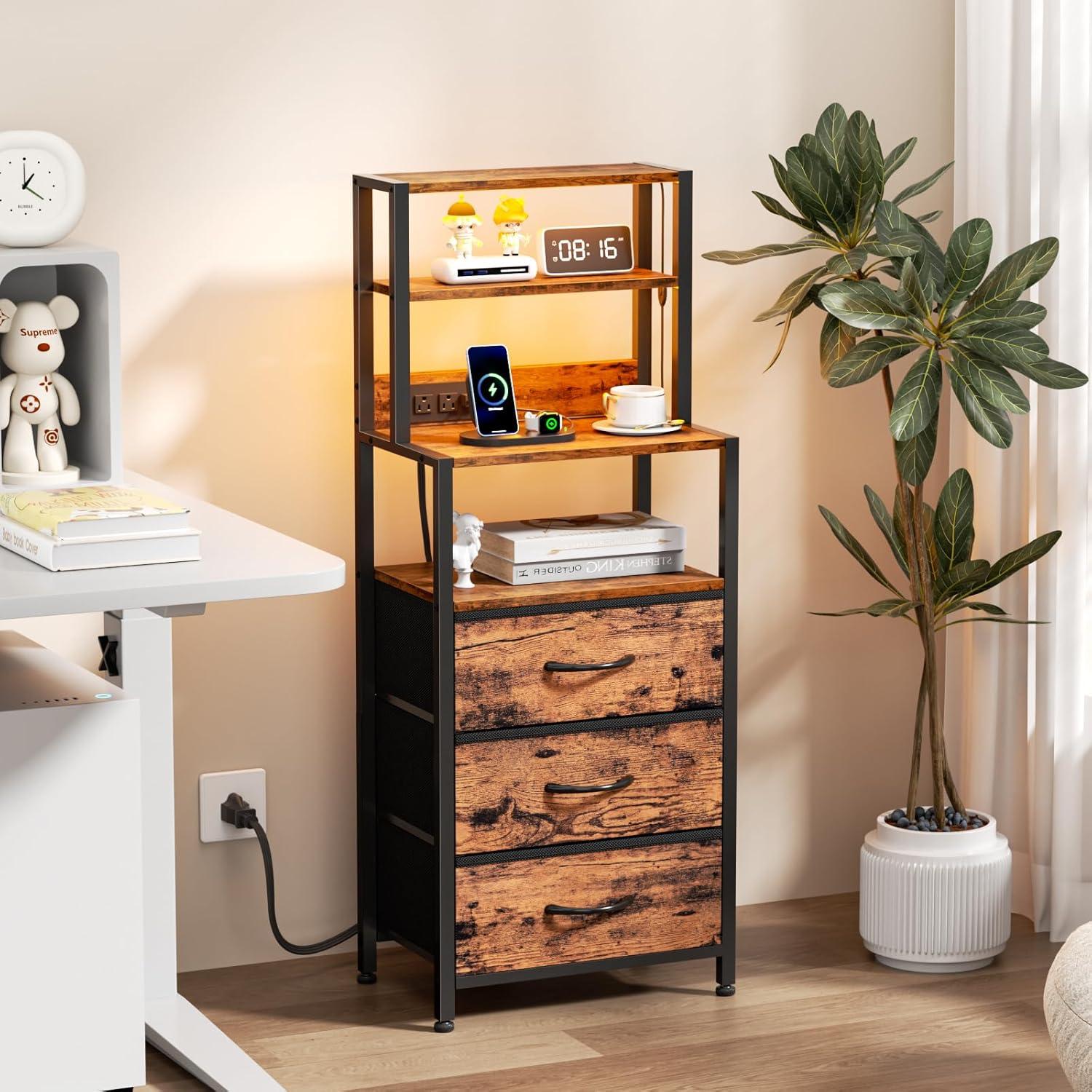 imageFurnulem Night Stand Tall Nightstand with 4Tier Shelves and 3 Fabric Drawers LED Bed Side Tables with Charging Station Bedside Table for Bedroom Hallway Home Office Black OakRustic Brown
