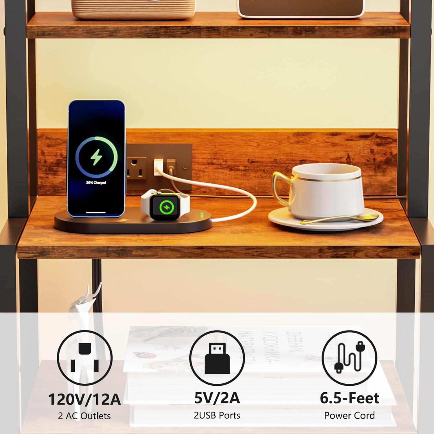 imageFurnulem Night Stand Tall Nightstand with 4Tier Shelves and 3 Fabric Drawers LED Bed Side Tables with Charging Station Bedside Table for Bedroom Hallway Home Office Black OakRustic Brown