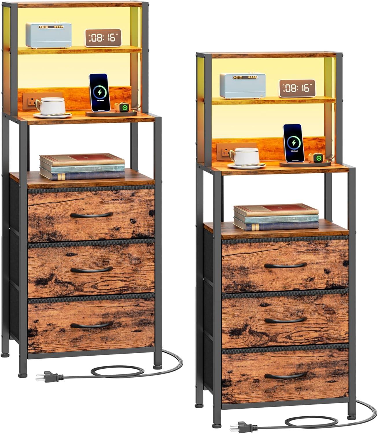 imageFurnulem Night Stand Tall Nightstand with 4Tier Shelves and 3 Fabric Drawers LED Bed Side Tables with Charging Station Bedside Table for Bedroom Hallway Home Office Black OakRustic Brown